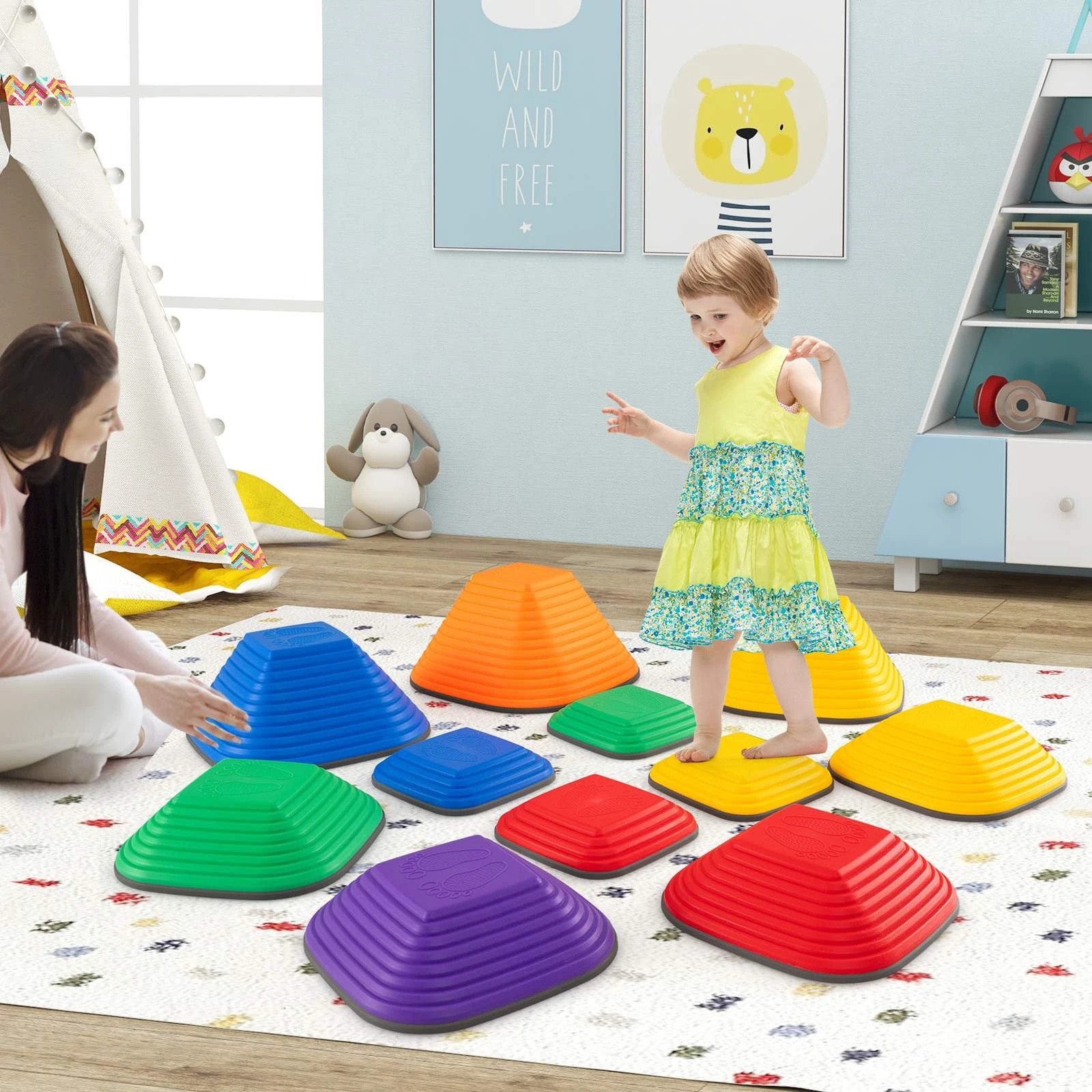 2 Costway 11PCS Stepping Stone Set Indoor/Outdoor Square Balance Training Blocks - Multi, 2 of 2