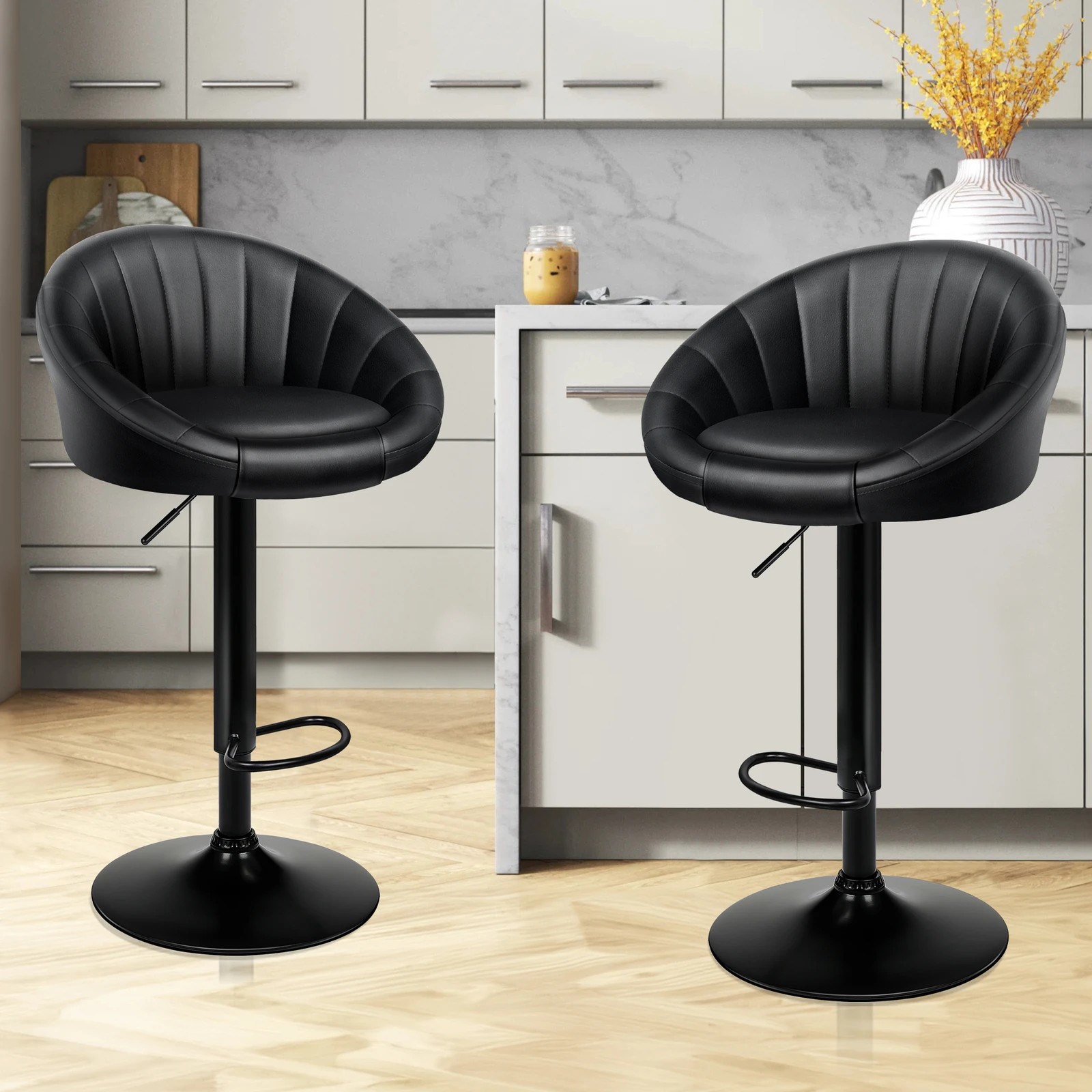 2 Alfordson 2x Bar Stools Gas Lift Leather Chairs Kitchen Swivel - All Black, 2 of 10
