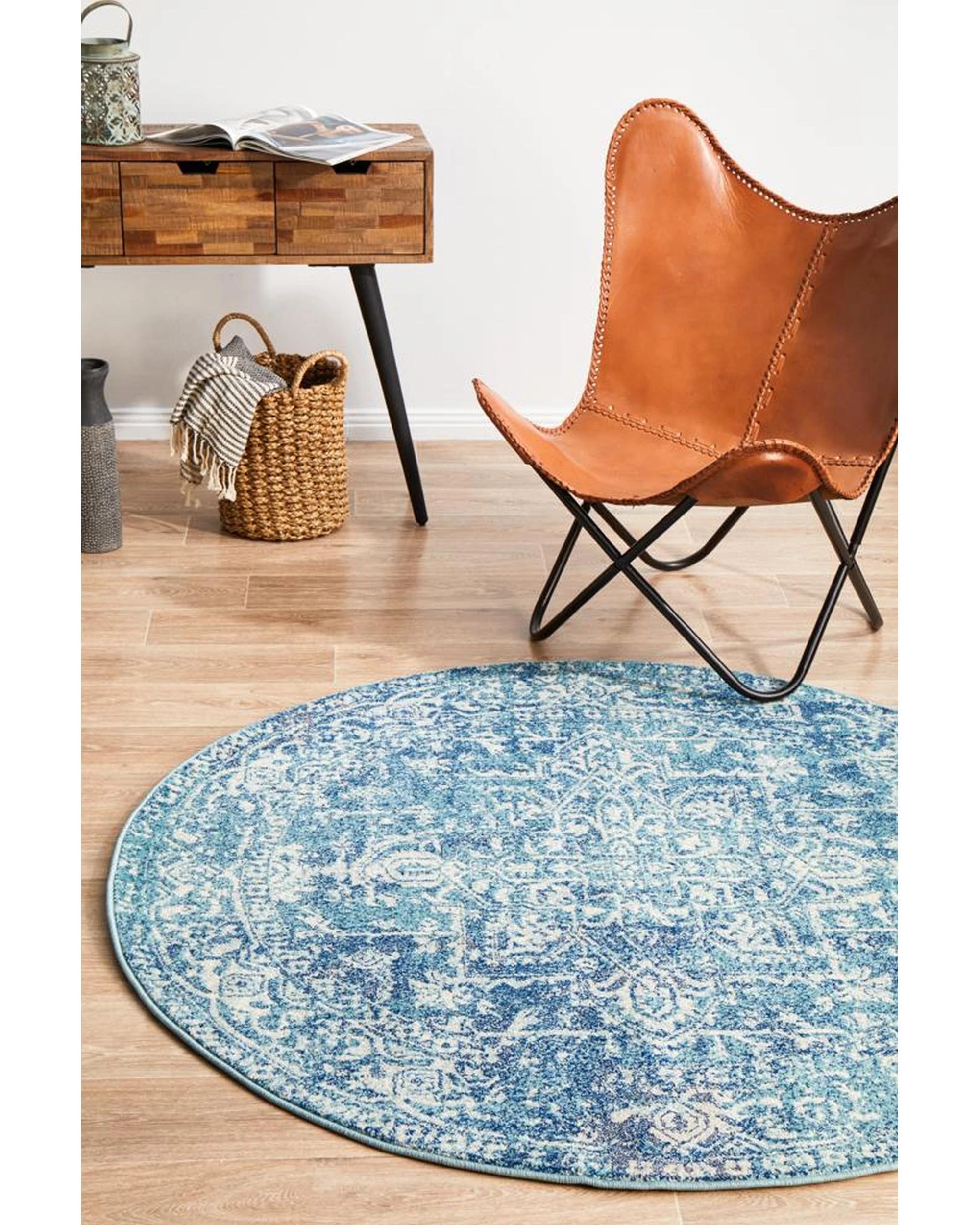 4 Rug Culture Evoke Muse Blue Transitional Round Rug, Power-Loomed Polypropylene, 10mm Pile, Made in Turkey - Blue, 4 of 8