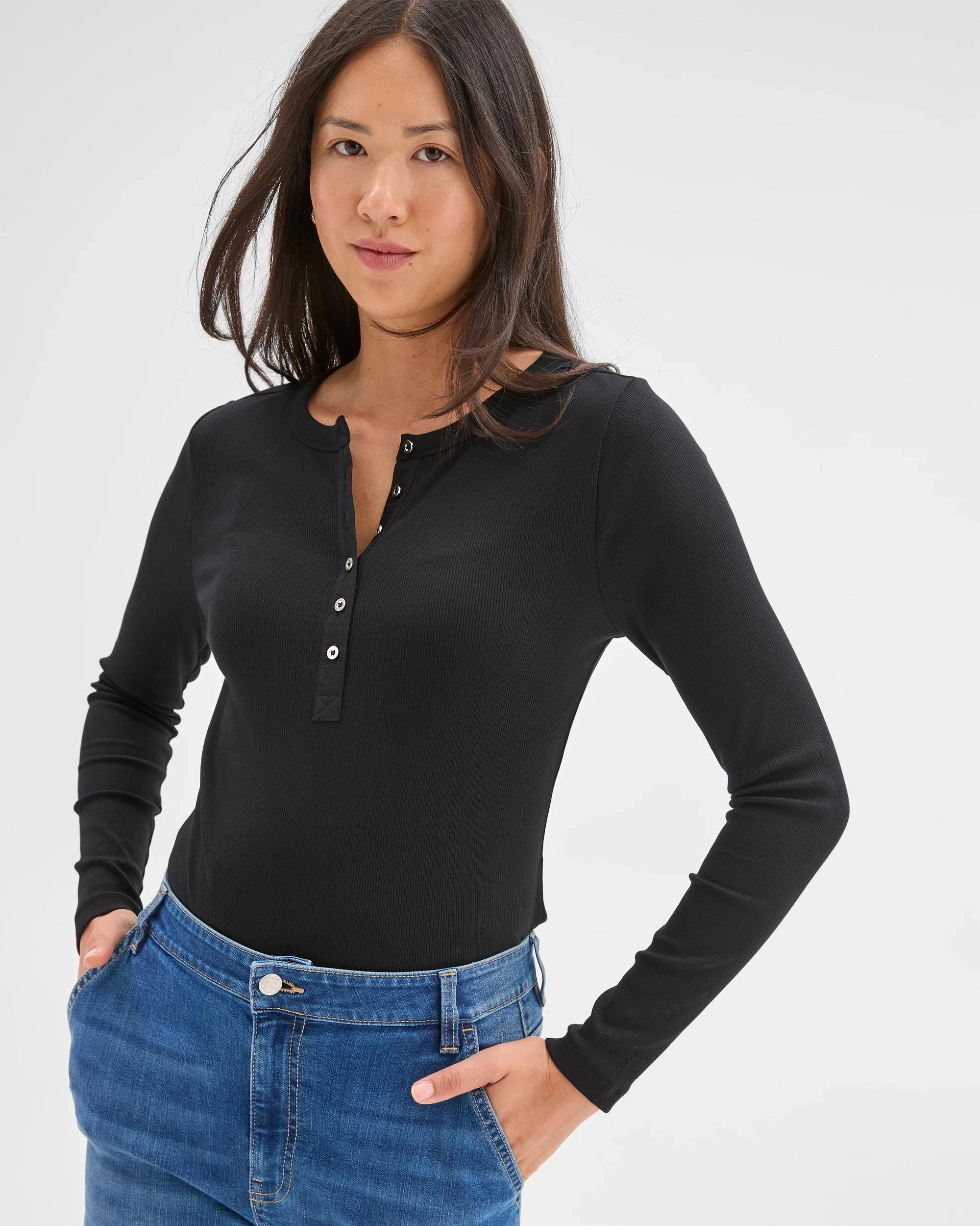 4 Target Woman Australian Cotton Long Sleeve Rib Henley T-Shirt BLACK, 4 of 7