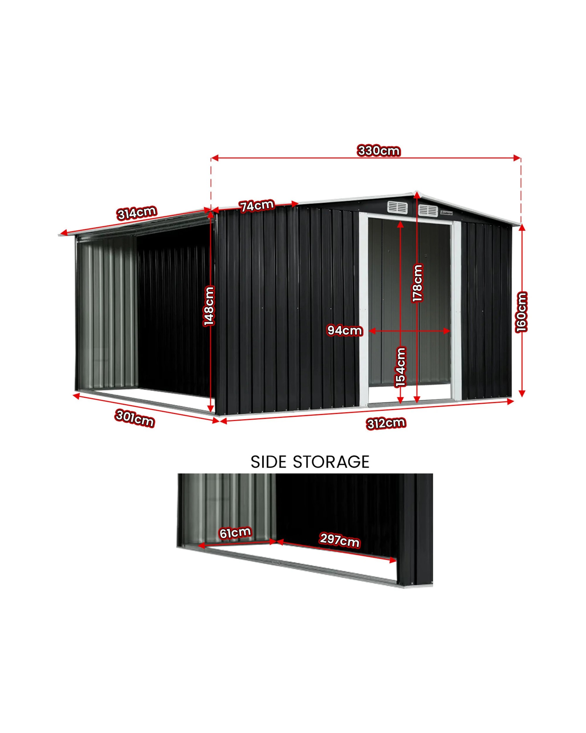 2 Wallaroo 10ft x 8ft Garden Shed with Semi-Closed Storage Tool Shelter Sloped Roof - Black, 2 of 9