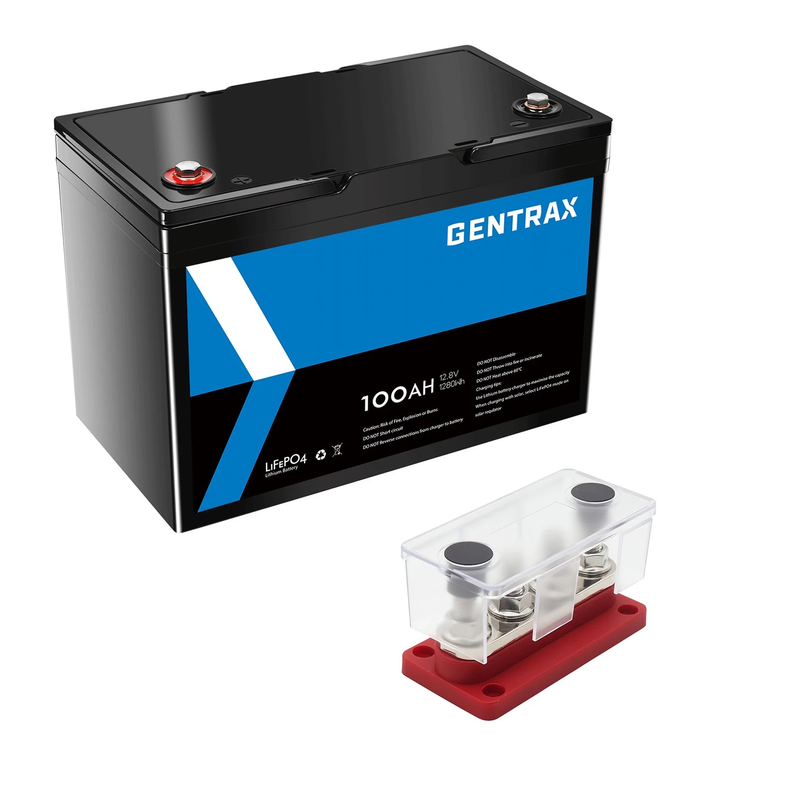 1 GENTRAX 12V 100Ah Lithium Battery + 4 GANG 300A Bus Bar Red, 1 of 10