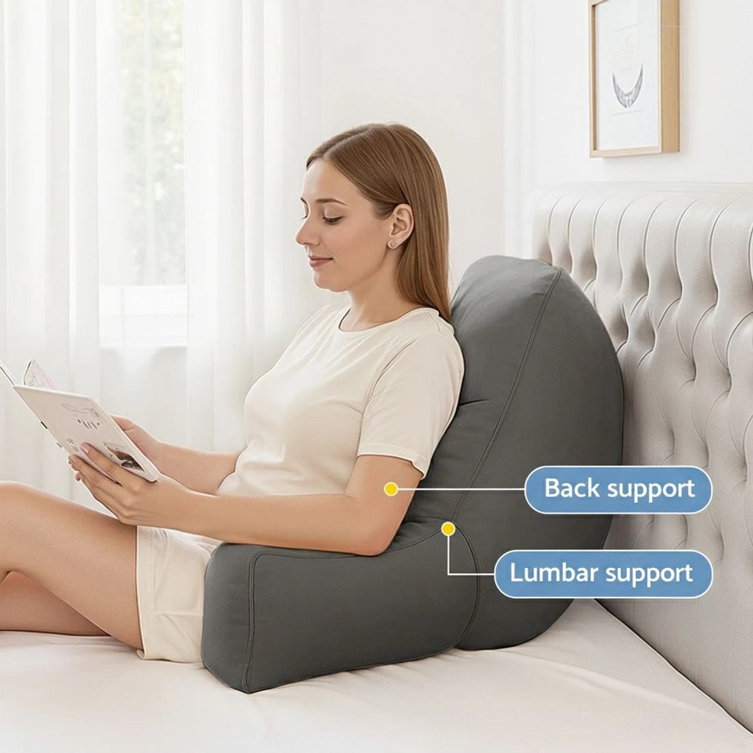 4 Giselle Reading Pillow Back Rest Lumbar Support Cushion - Grey, 4 of 7
