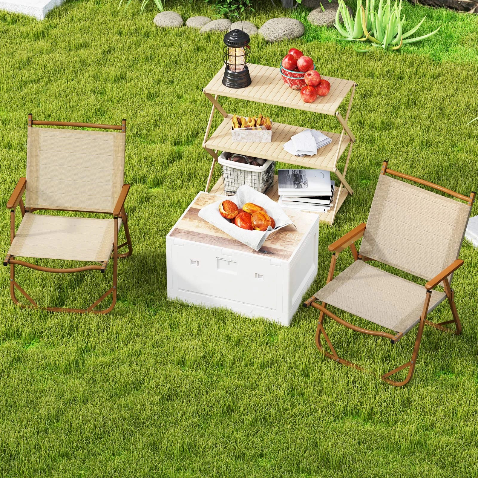 3 Costway 2x Portable Camping Chairs Folding Beach Chairs w/Aluminum Frame & Armrests Support 180KG - Beige, 3 of 4