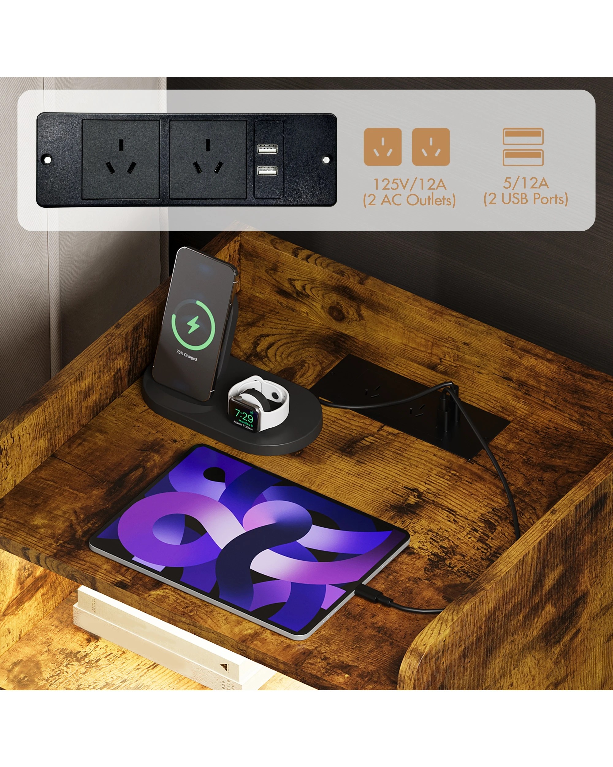 4 Advwin Bedside Table Set Of 2 Rgb Led Light Charging Station 3 Drawers - Brown, 4 of 9