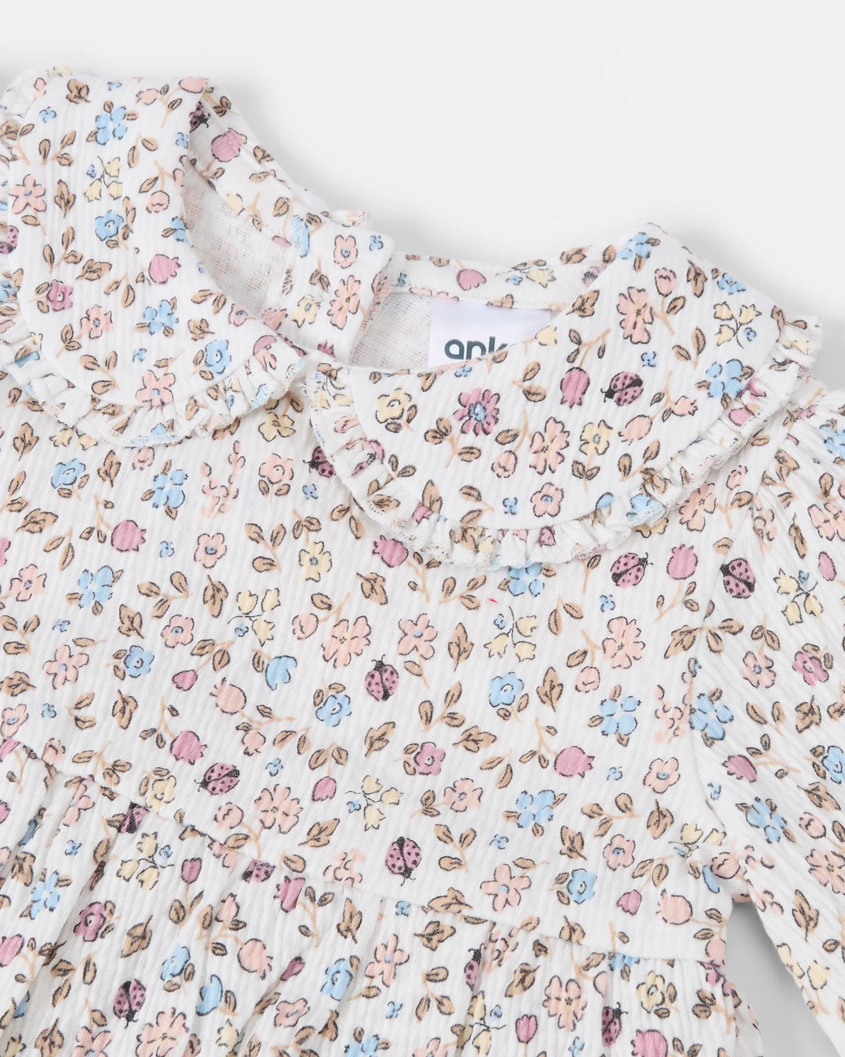 3 Long Sleeve Crinkle Bodysuit Dress Wht Ditsy, 3 of 4