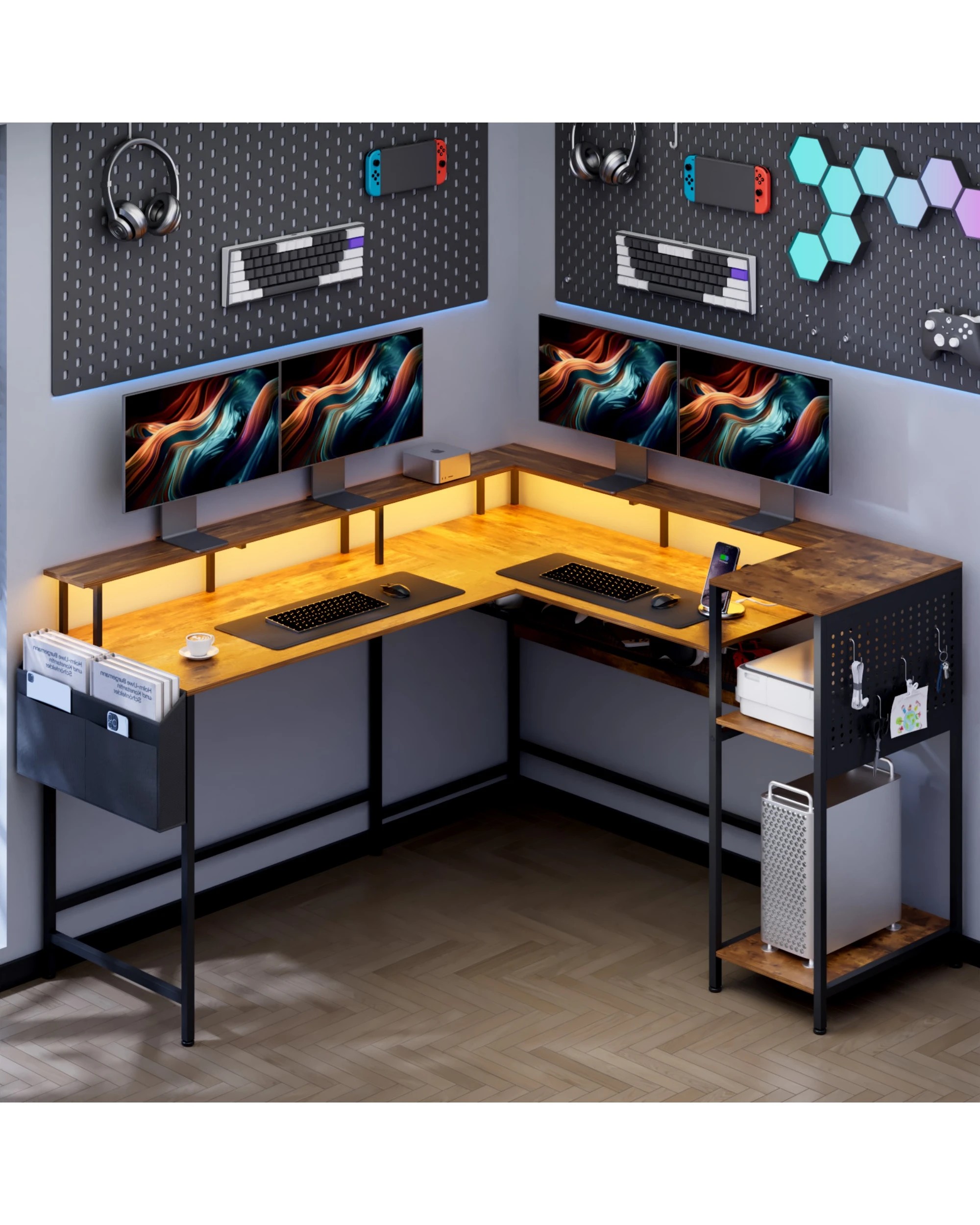 3 Advwin 150cm L Shaped Computer Desk w/ LED Lights & Power Outlets Convertible Gaming Desk  - Brown, 3 of 10