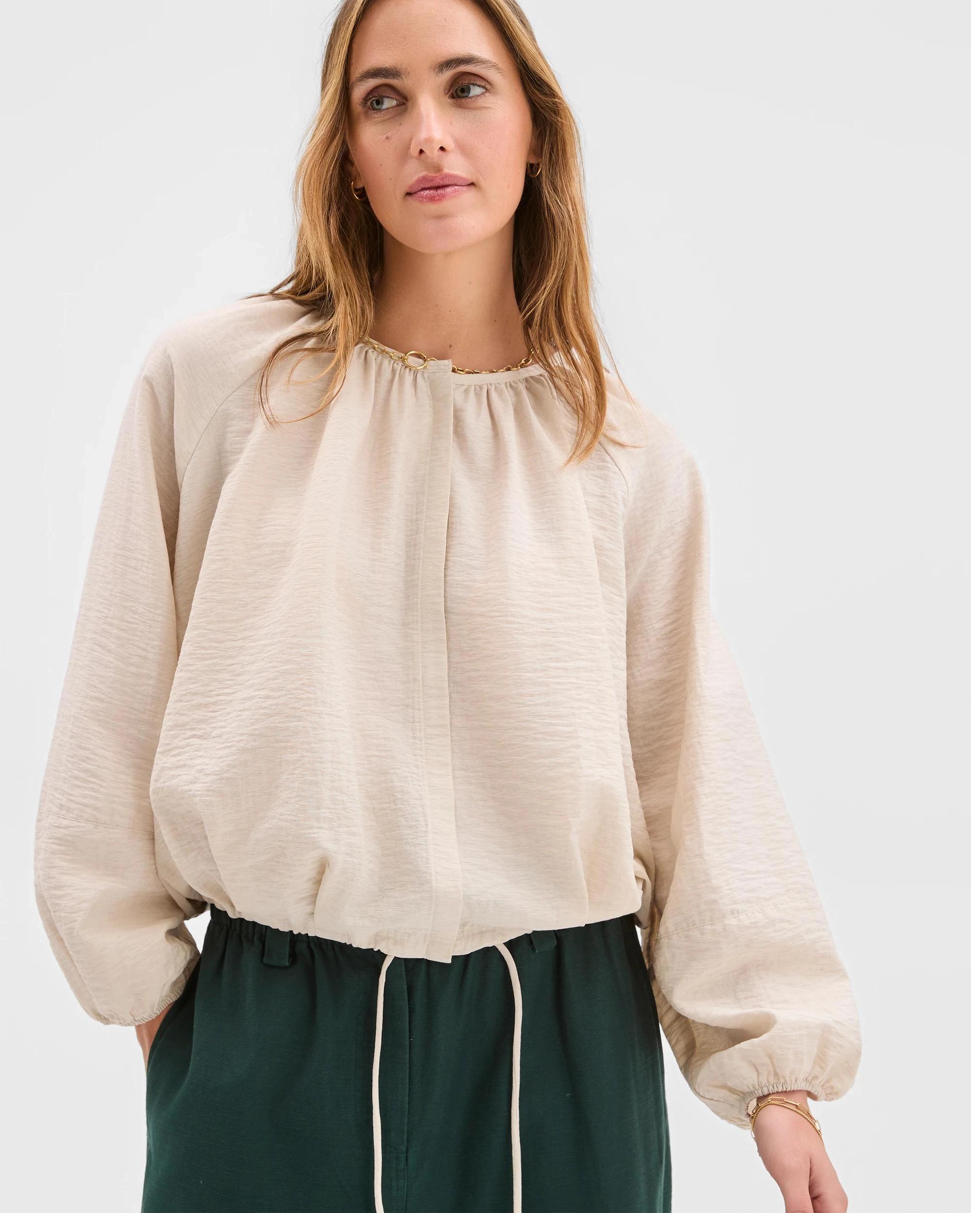 1 Target Woman Long Sleeve Button Front Bubble Hem Top FLAX, 1 of 5
