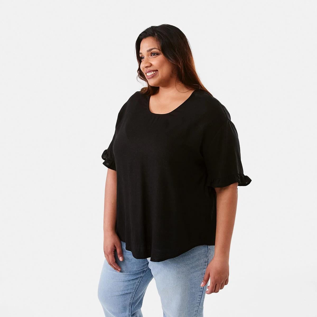 2 Curve Short Sleeve Button Back Top Black, 2 of 7