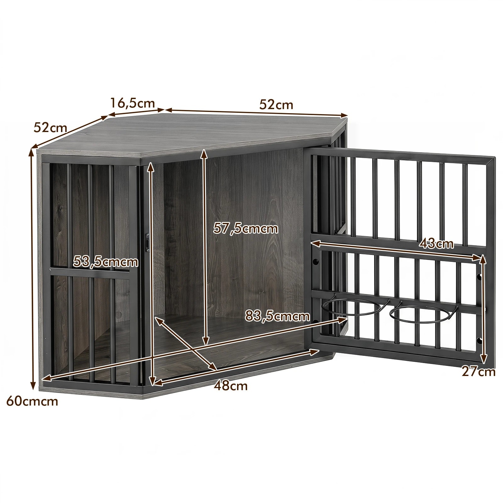 2 Costway Corner Dog Crate 2-in-1 Dog Kennel & TV Stand w/Dog Bowl Rack - Grey, 2 of 6