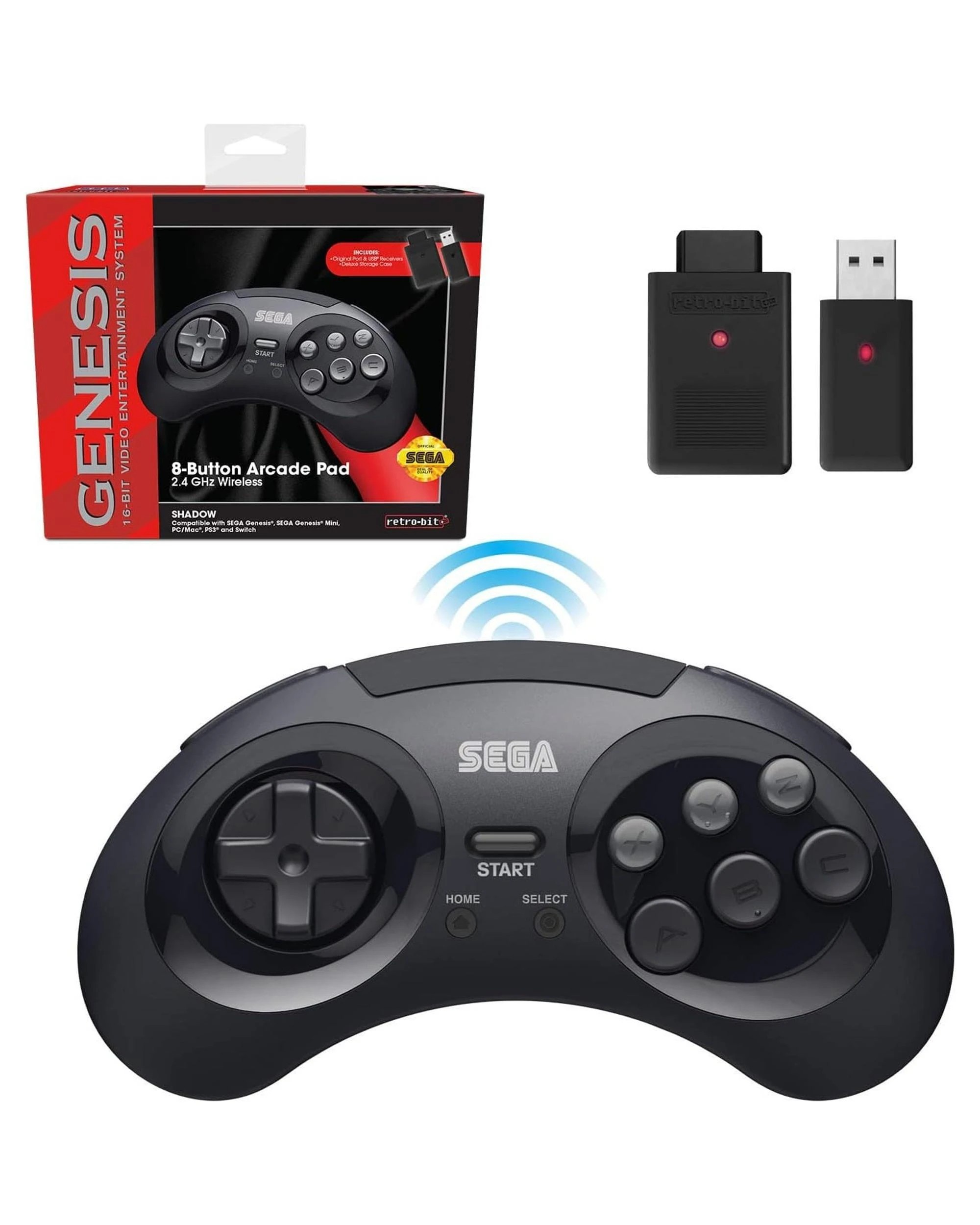 1 SEGA Genesis 8-button Arcade Pad Wireless 2.4ghz Gamepad For PC and Mac - Black, 1 of 7