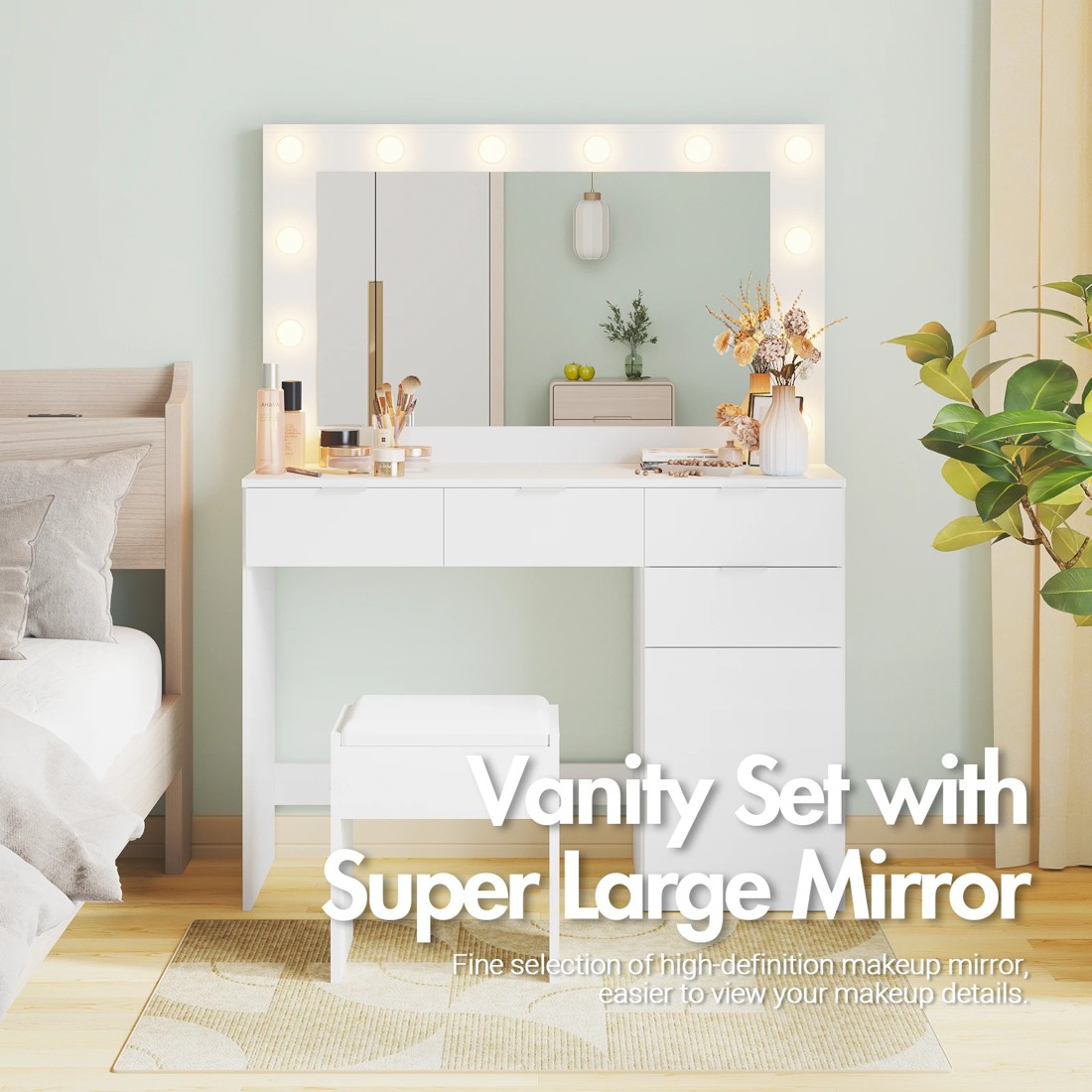 3 Advwin Dressing Table Stool Set With Mirror 12 Led Bulbs Vanity Desk
 - White, 3 of 10