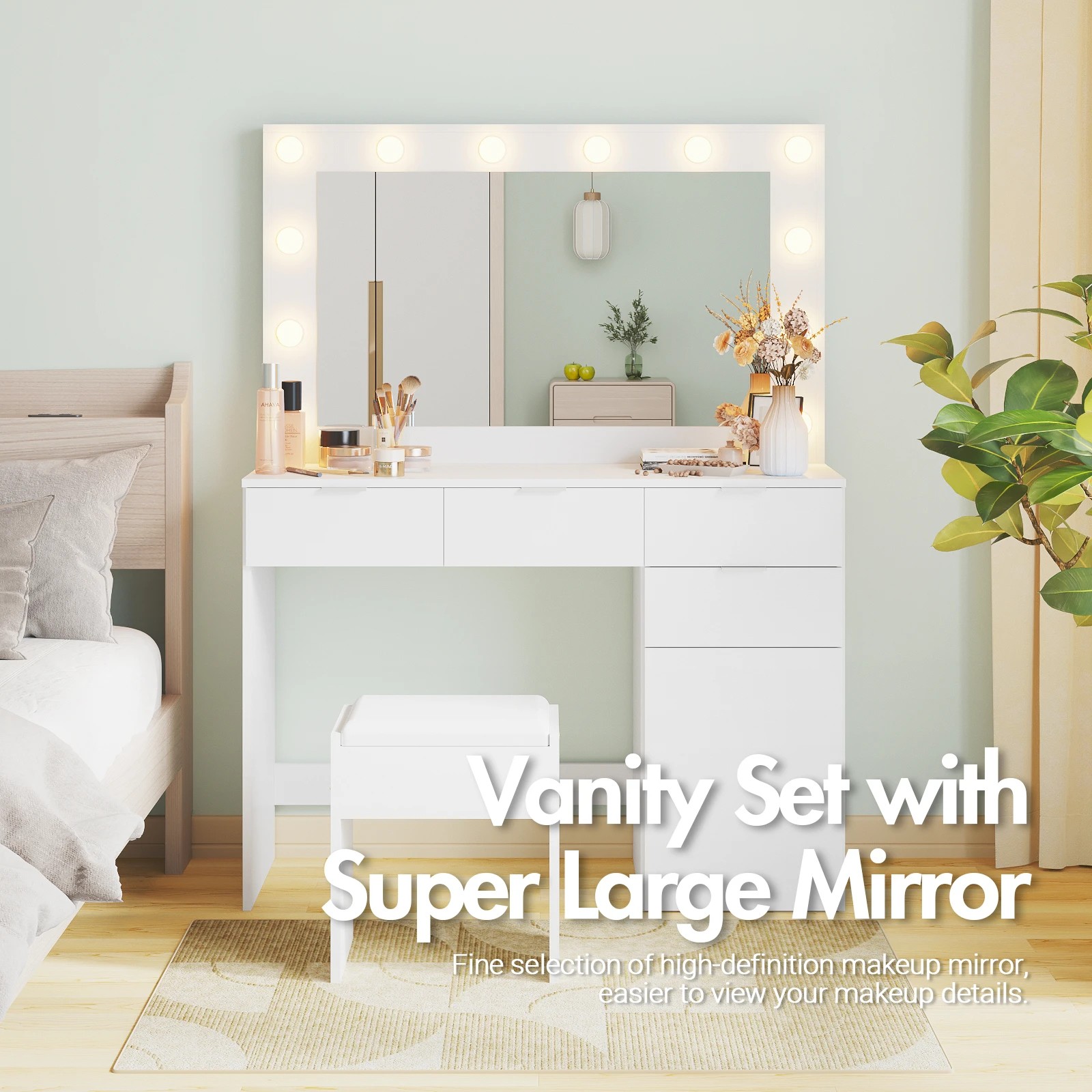 3 Advwin Dressing Table Stool Set With Mirror 12 Led Bulbs Vanity Desk
 - White, 3 of 10