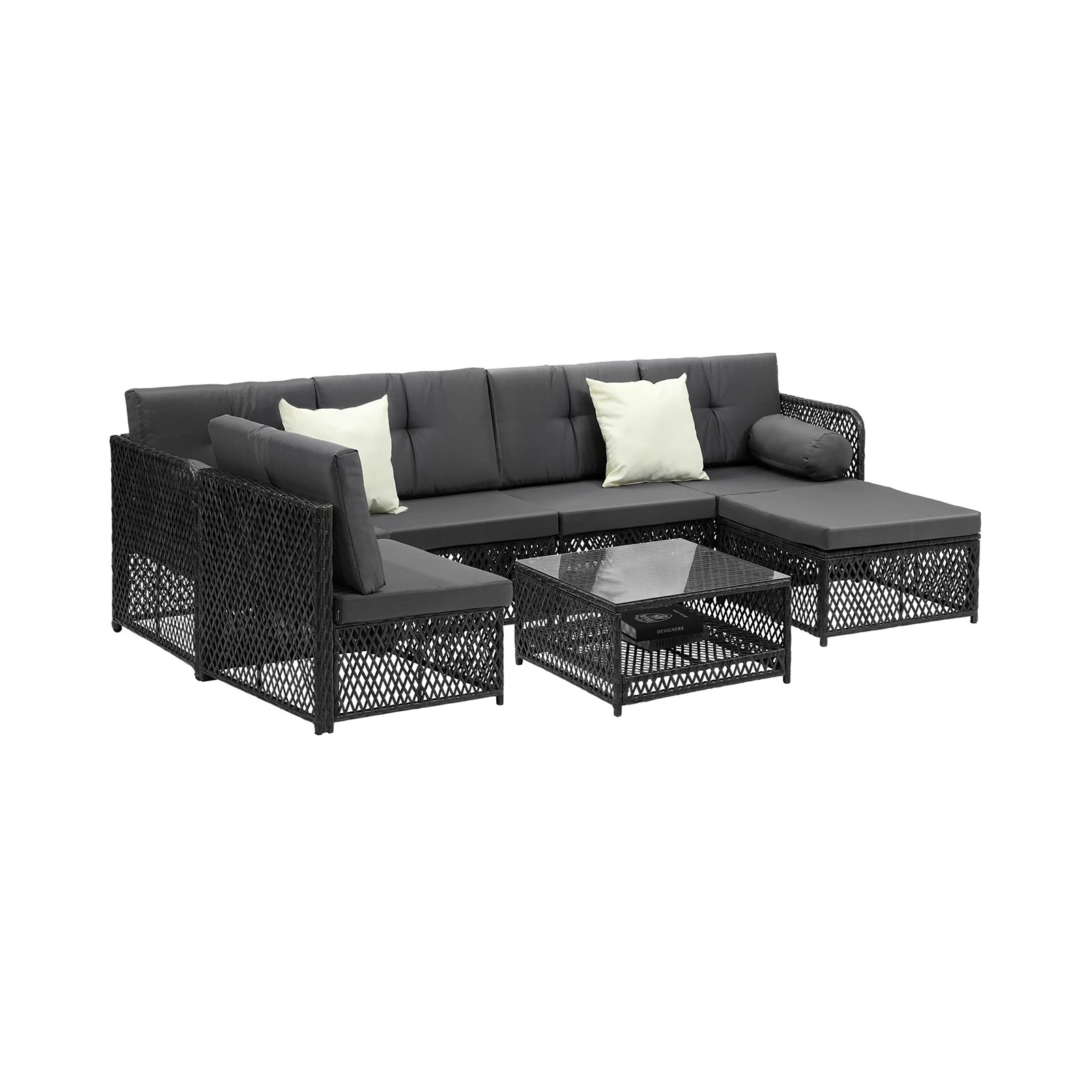 1 Livsip Outdoor Sofa Set 6 Seater Wicker Lounge Setting - Black, 1 of 8