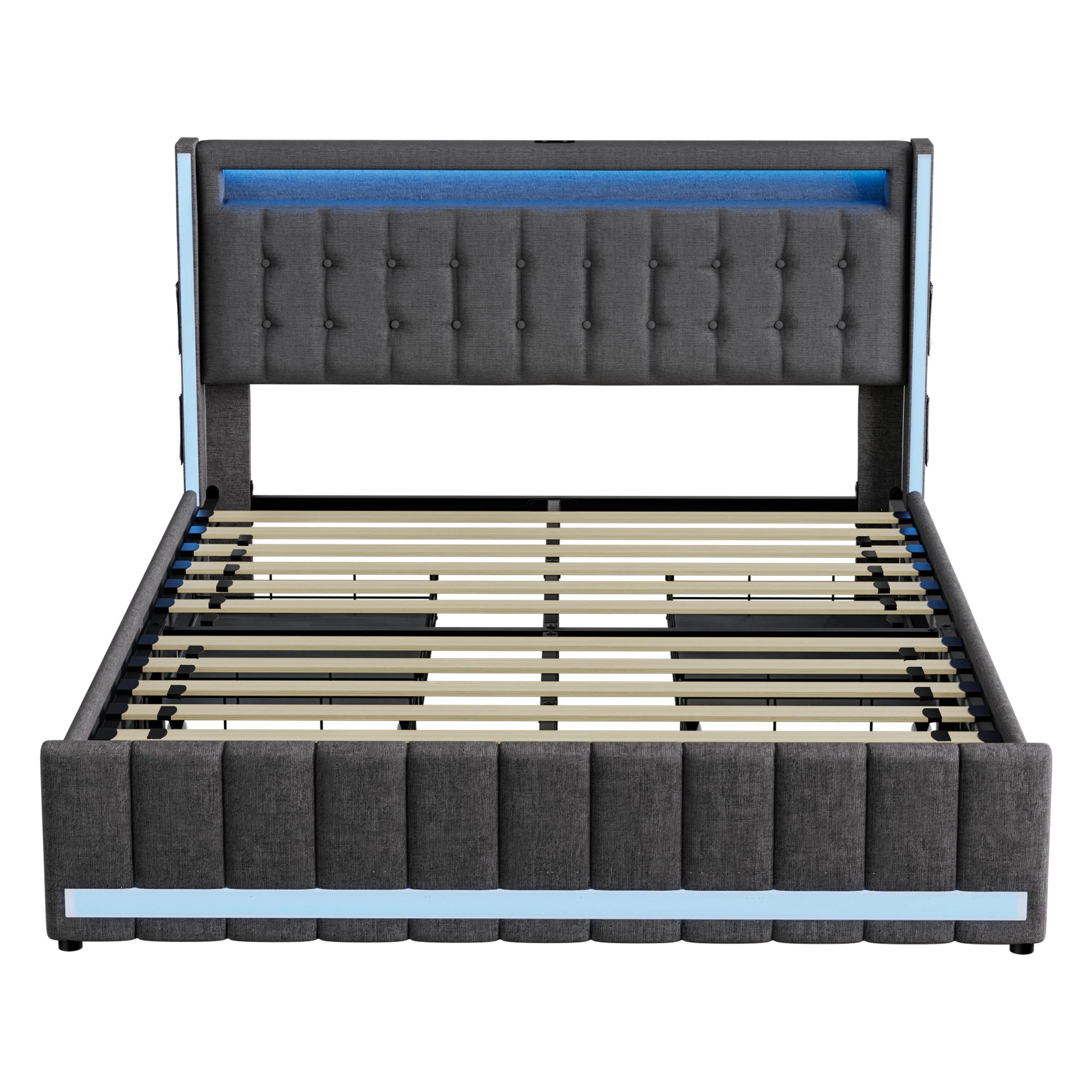 2 Levede Double Size Bed Frame Linen Fabric with LED Charging Station and 4 Drawers, 2 of 8