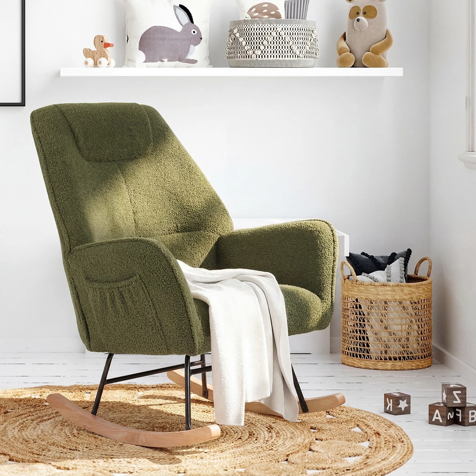 4 Oikiture Rocking Chair Nursing Armchair Sherpa Accent Chairs Upholstered - Green, 4 of 10