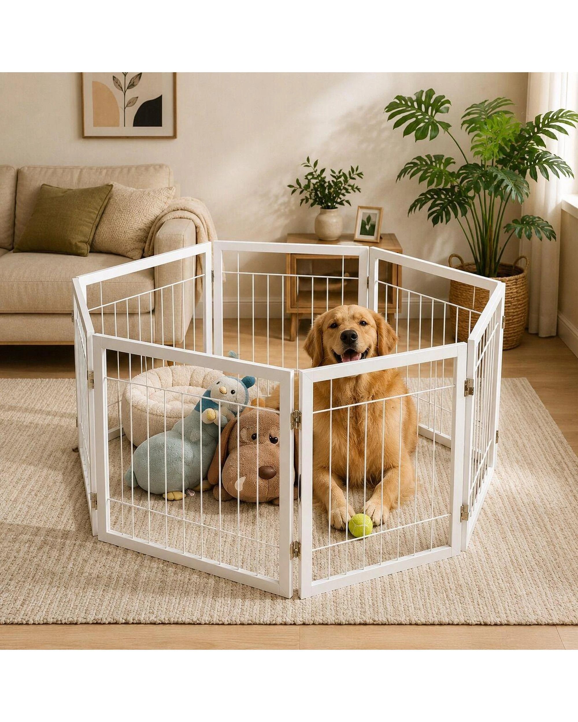 9 HelloFurniture Freestanding Metal Pet Gate 4 Panel Foldable Fence White - White - Pet Gate - Iron, 9 of 10