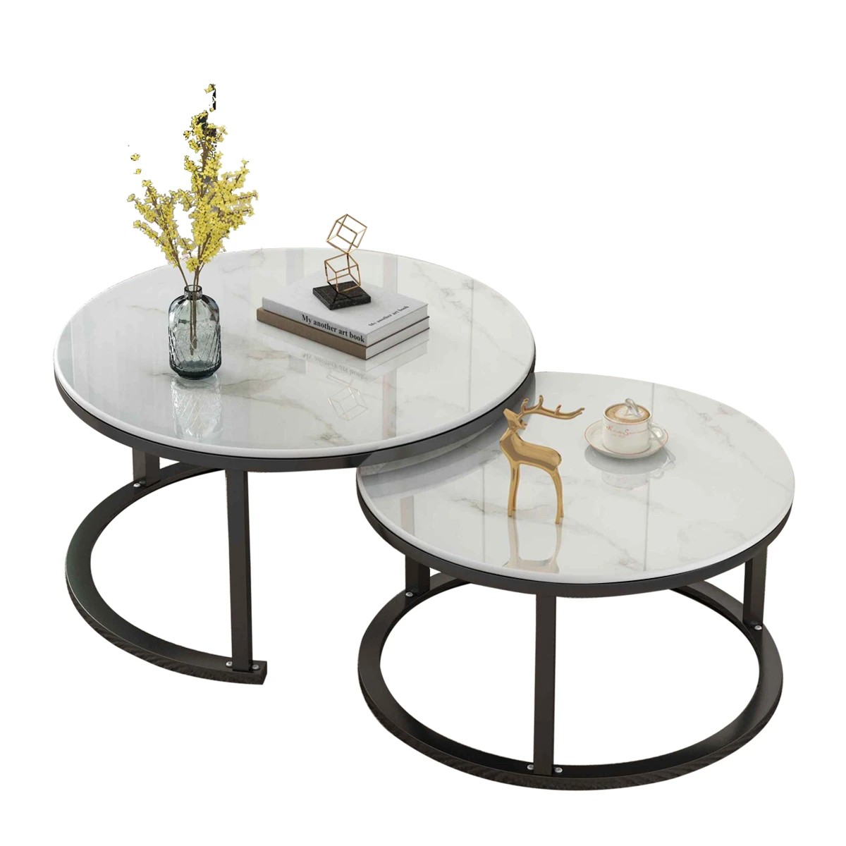 1 Foret Coffee Table 80cm Side Tables 2pc Set Tea Marble Look Tempered Glass Top, 1 of 9