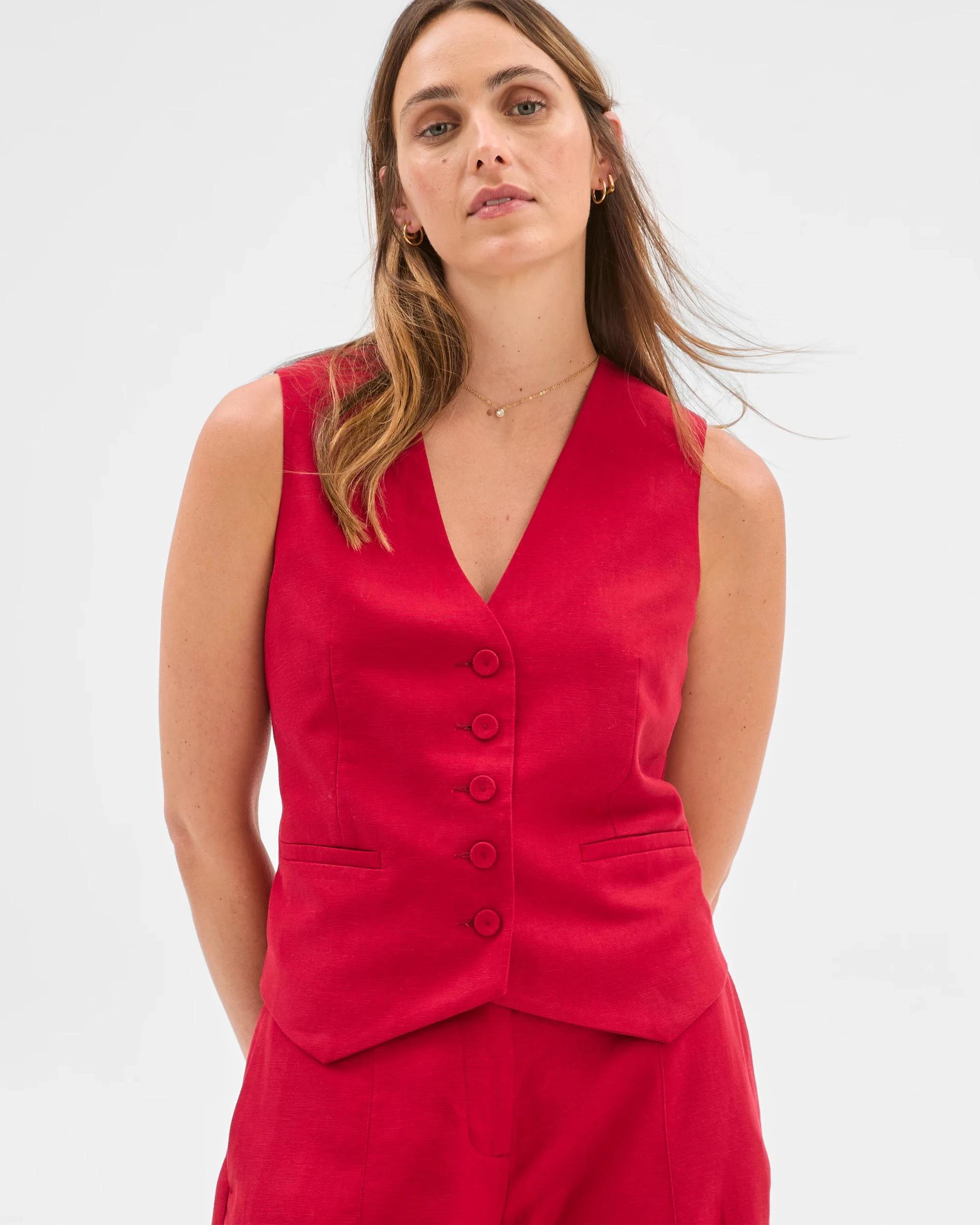 2 Preview Linen Blend Short Vest CRIMSON, 2 of 6