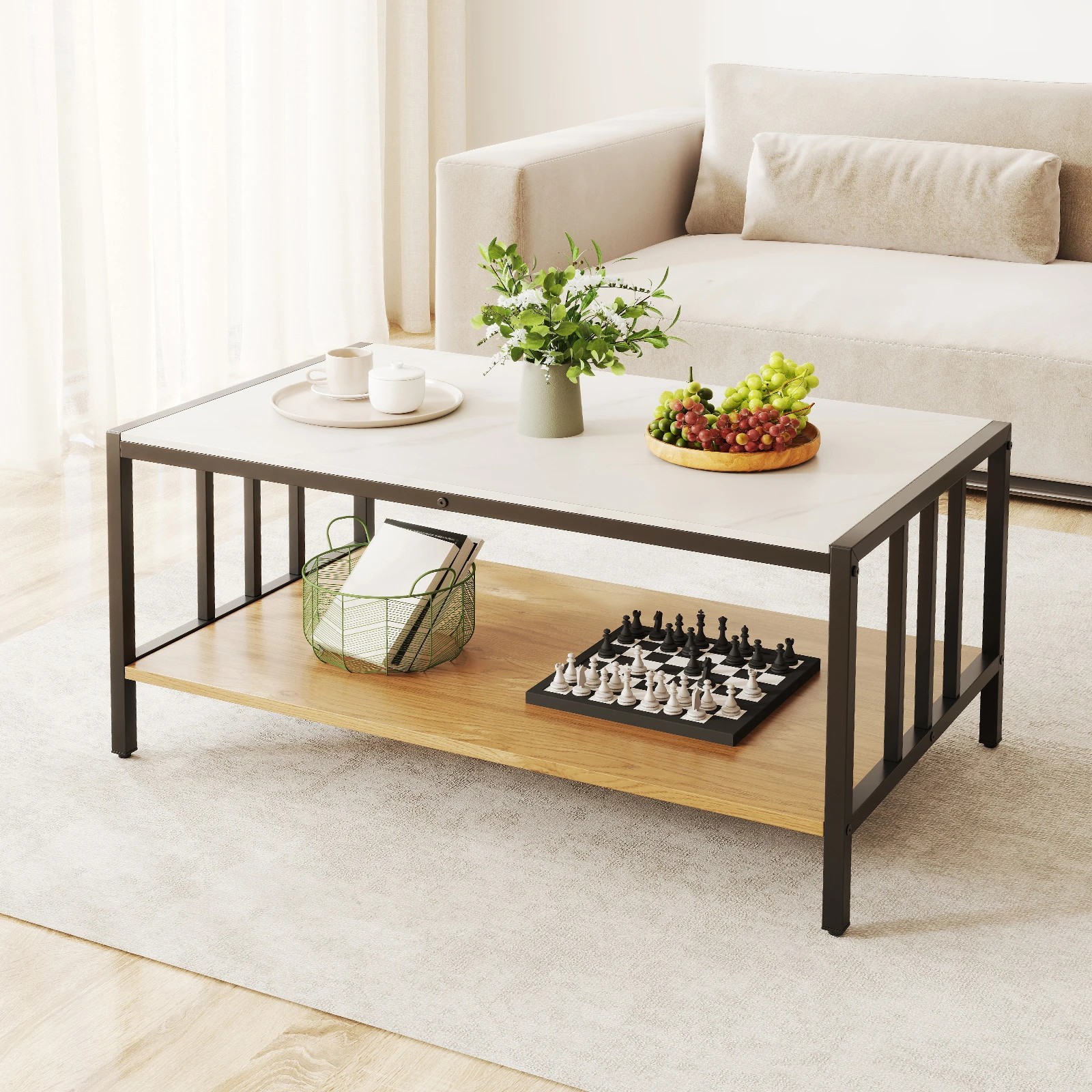 3 Costway 2-Tier Coffee Table Rectangular Center Table Faux Marble Accent Table, 3 of 4