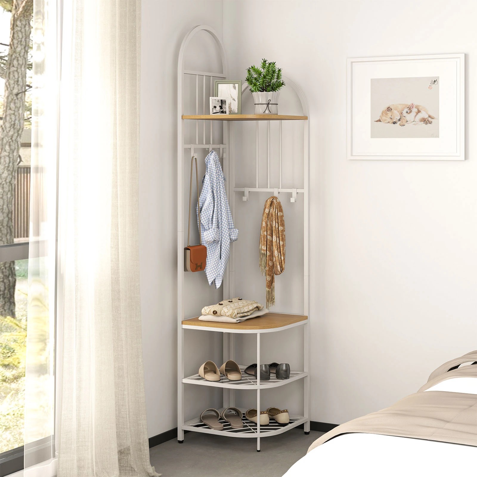3 Costway 4-Tier Coat Rack 180cm Corner Hall Tree w/Shoe Storage Bench & 6 Removable Hooks - White, 3 of 3