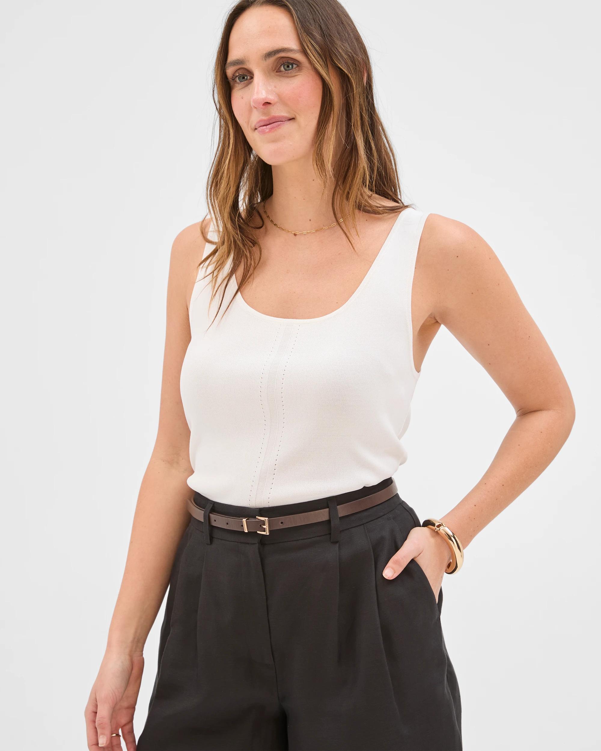 6 Preview Slim Fit Crepe Knit Detail Tank Top CLOUD DANCER, 6 of 7