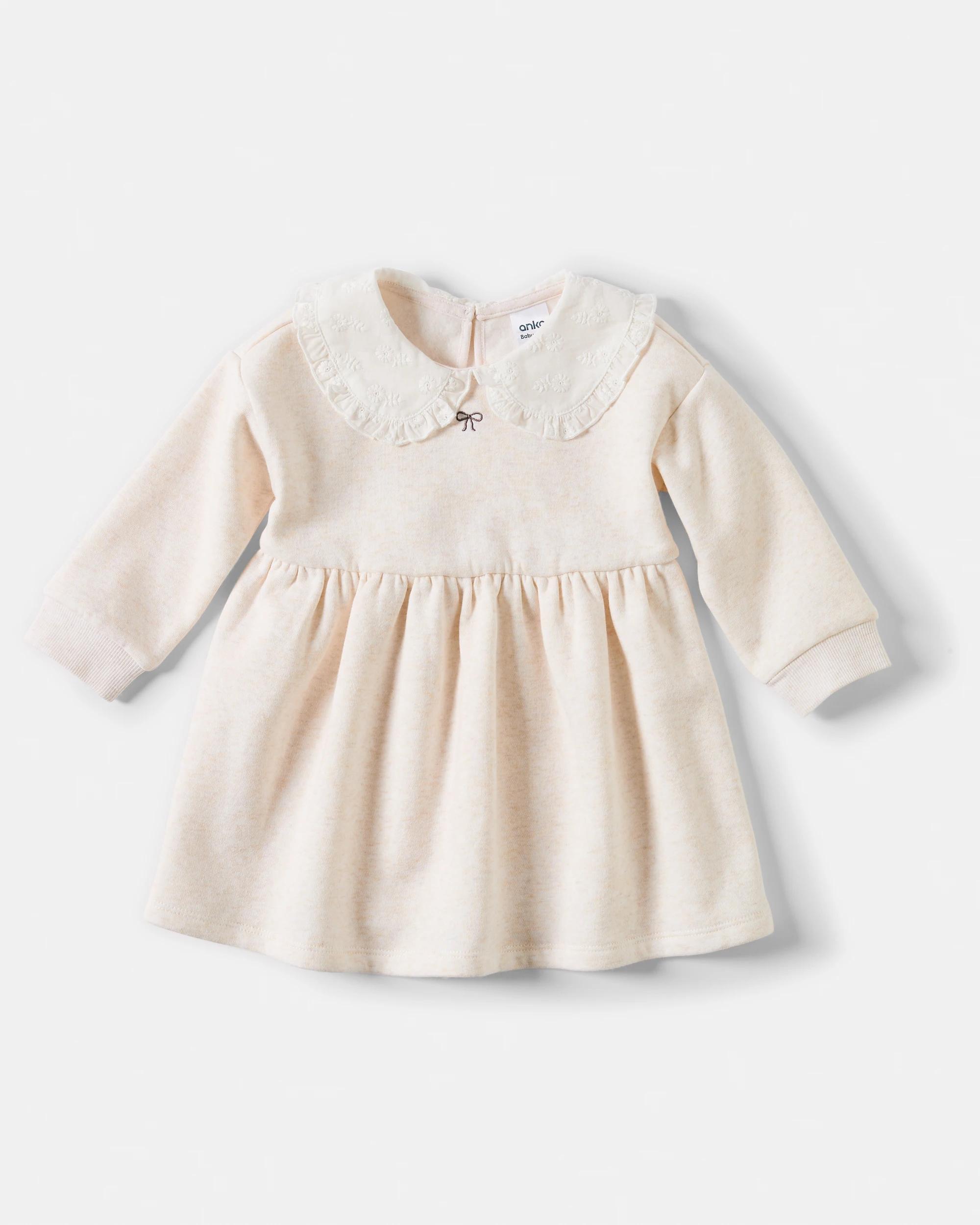 1 Long Sleeve Collar Fleece Dress Beig Bow, 1 of 3