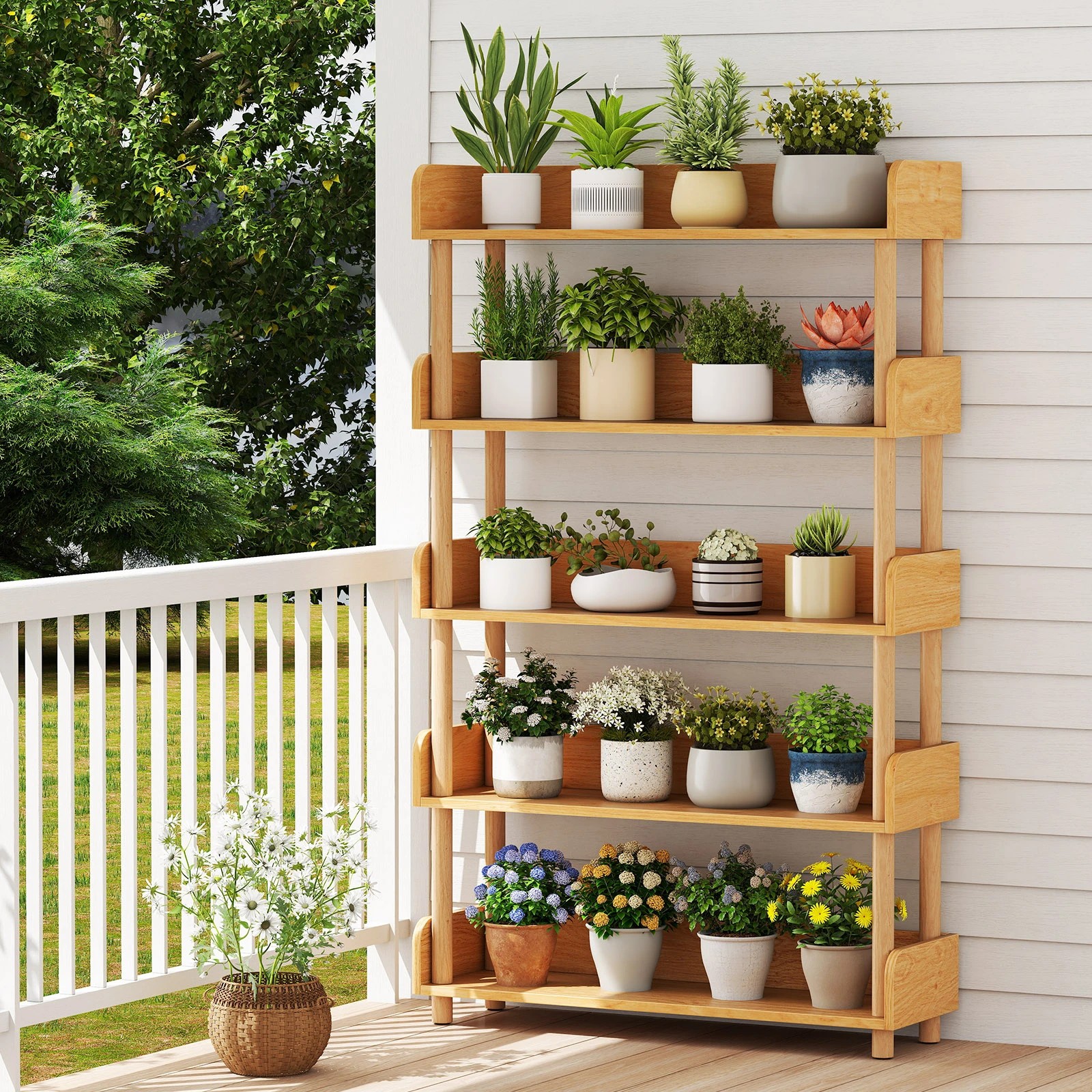 3 Costway 5Tier Wood Bookshelf Bookcase w/Elevated Guardrails Shelving Unit Storage Rack, 3 of 4