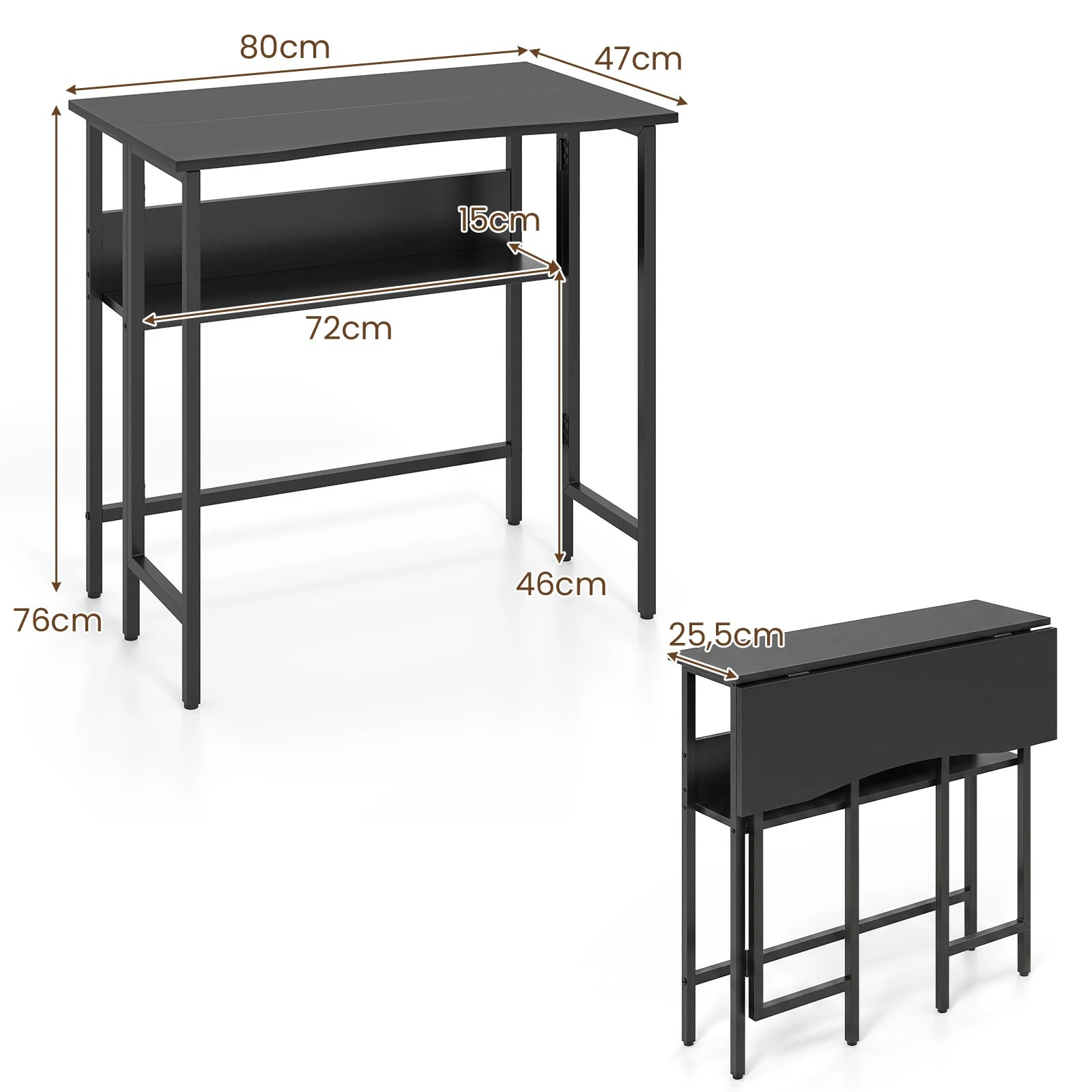 2 Costway 80cm Folding Computer Desk Drop Leaf Laptop Table Space Saving - Black, 2 of 6