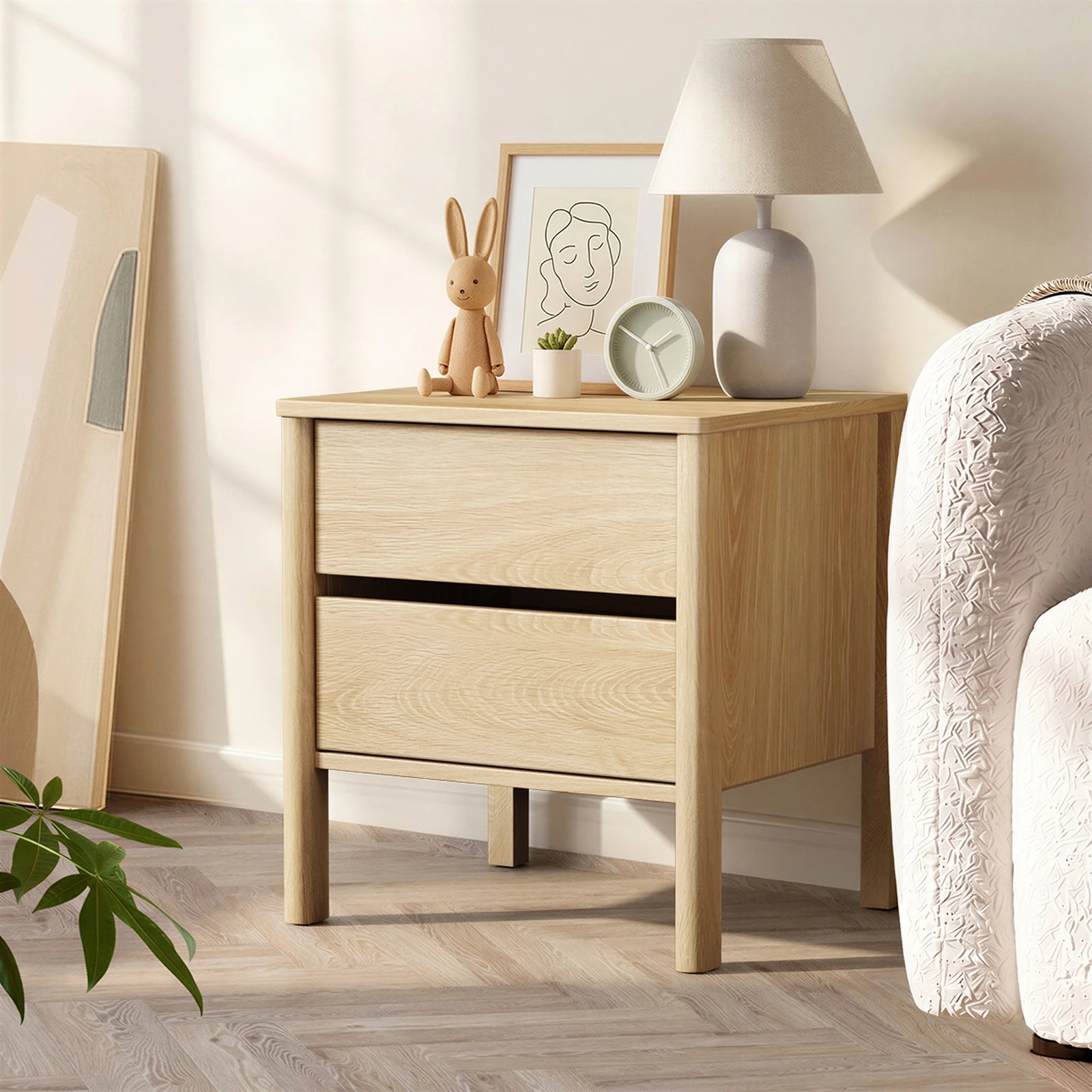 4 Oikiture Bedside Table 2 Drawers Side Table Nightstand Handle-free - Natural, 4 of 9