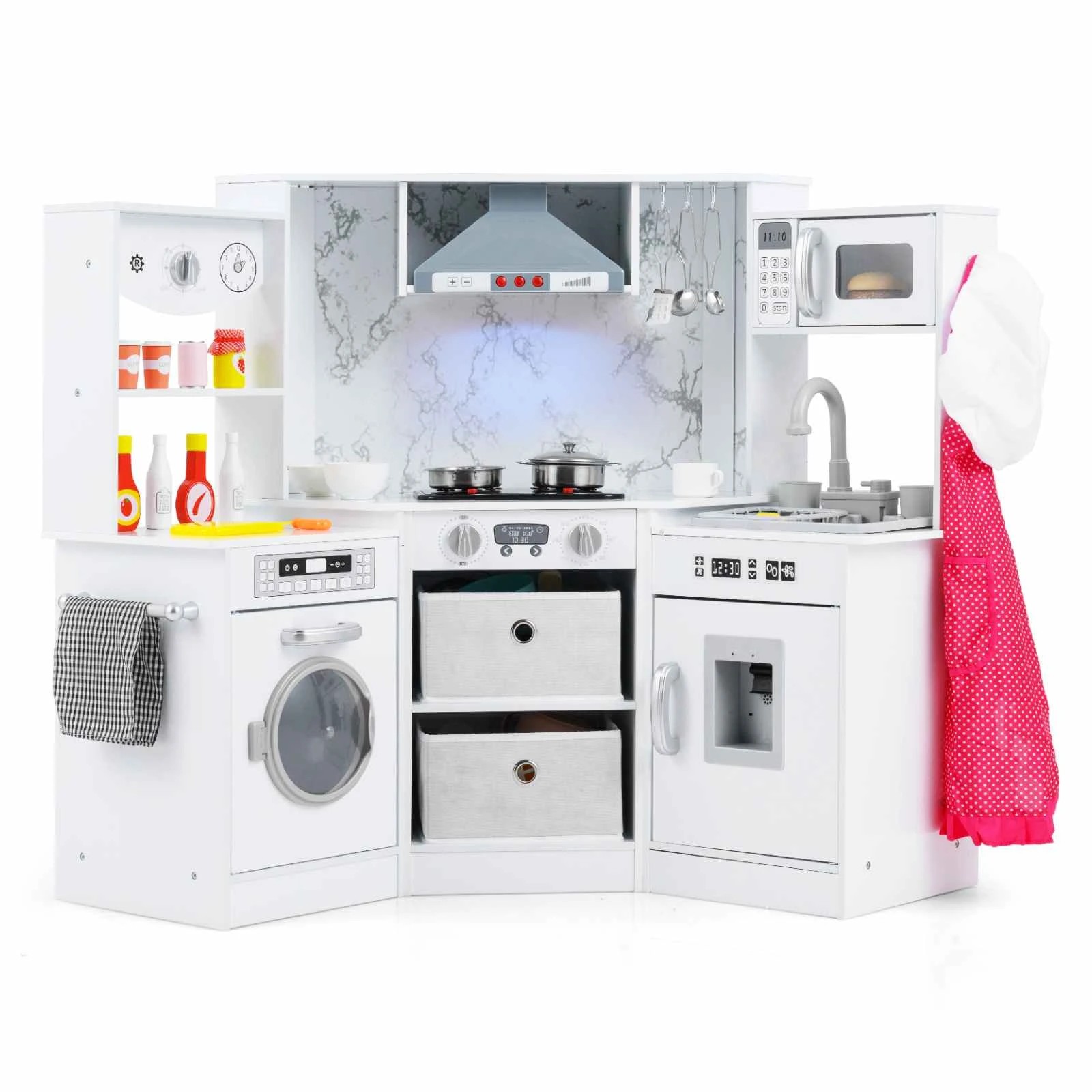 1 Costway Wooden Corner Kitchen Playset Cooking Toy w/Cookware - White, 1 of 1