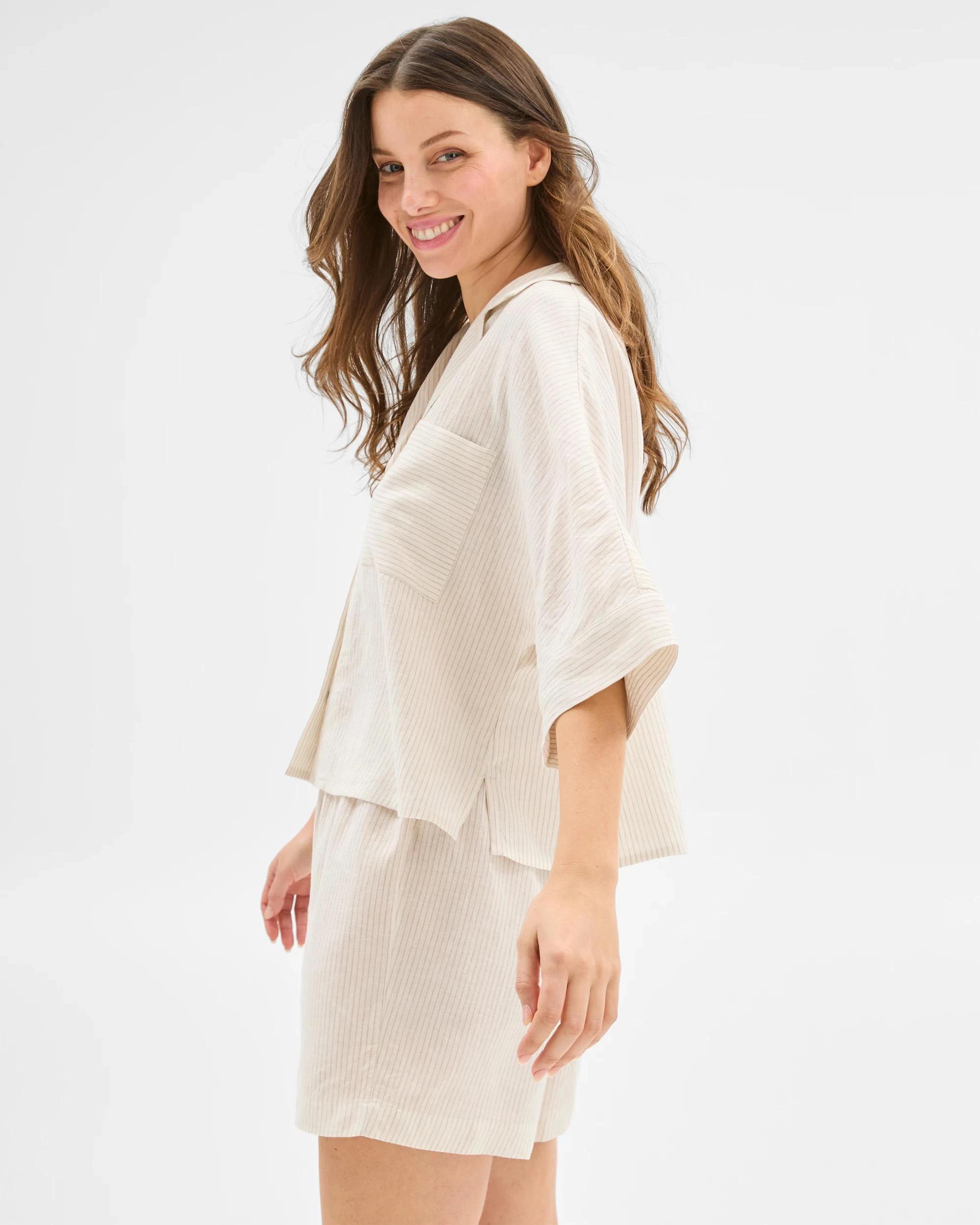 3 Target Woman Womens Linen Blend Shorts and Shirt Pyjama Set NEUTRAL STRIPE, 3 of 6