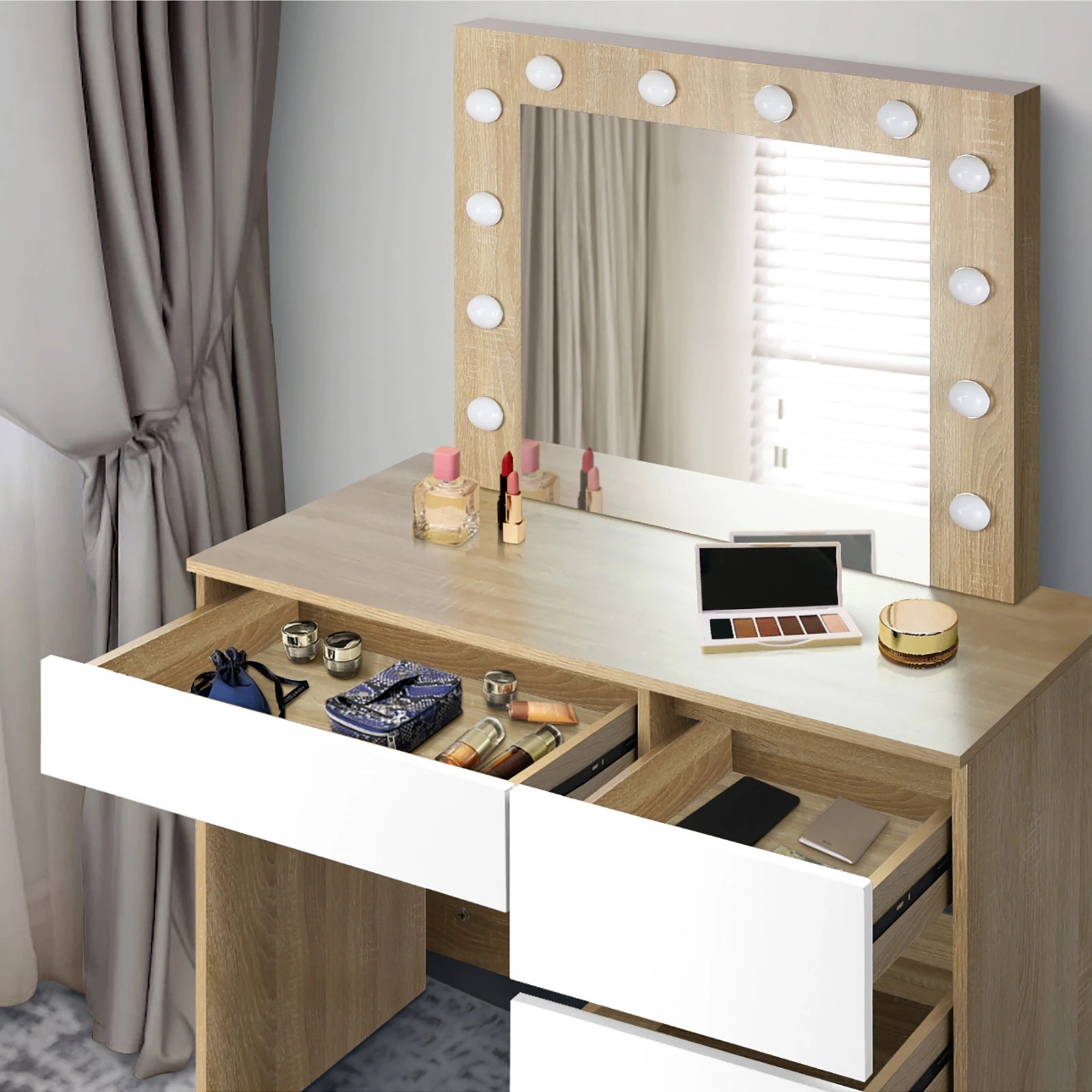 5 Oikiture Dressing Table Stool Set Makeup Desk Mirror Storage 12 Led Bulbs
 - Multi, 5 of 9