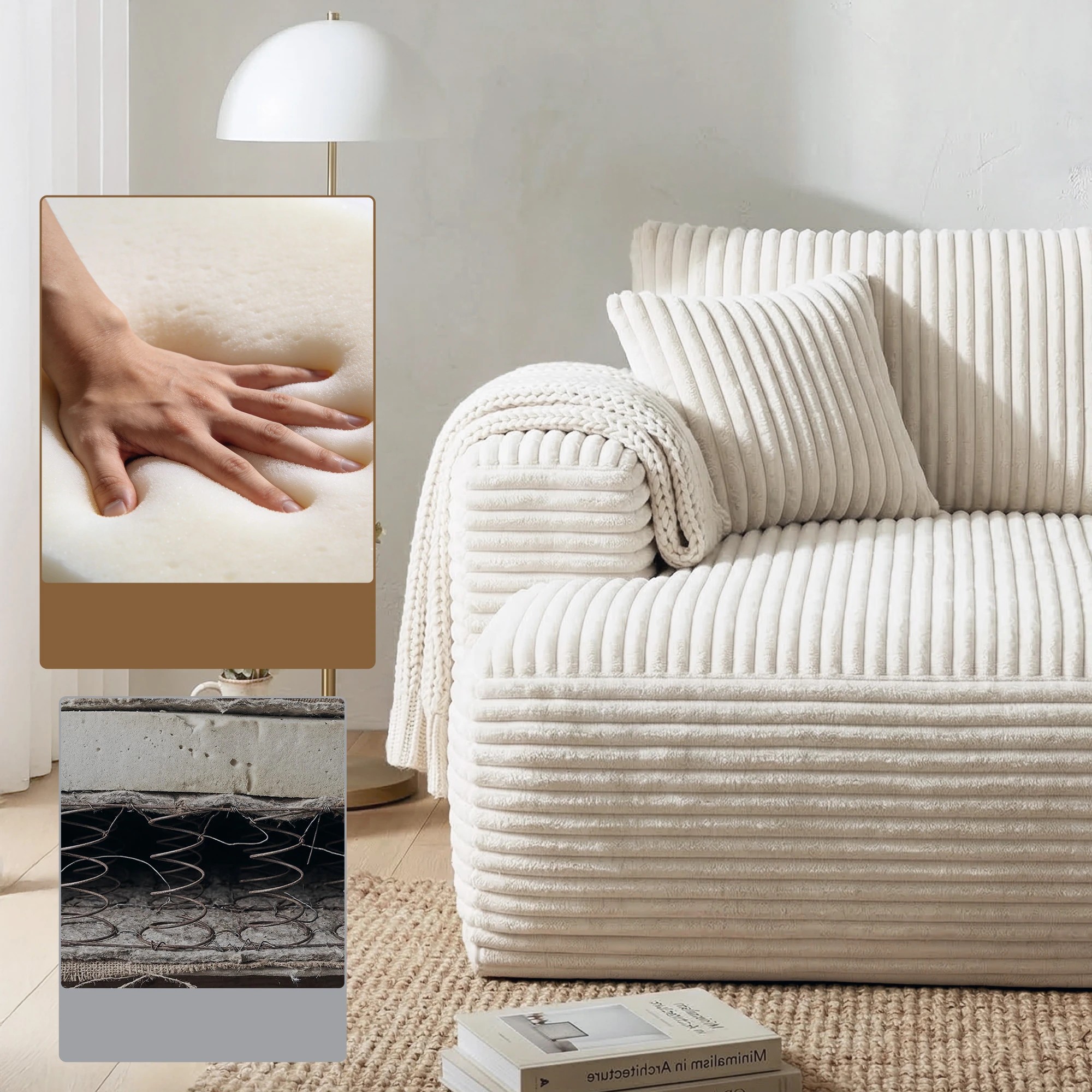 10 Artiss 3 Seater Modular Sofa Bed Sectional Boneless Couch for Living Room Corduroy Compressed Sofa - White, 10 of 10