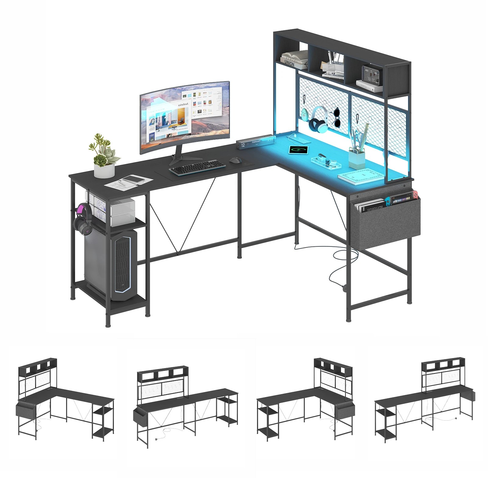 1 Advwin L Shaped Gaming Desk with LED Lights & Power Outlets Reversible Computer Desk with Storage Shelf - Black, 1 of 7