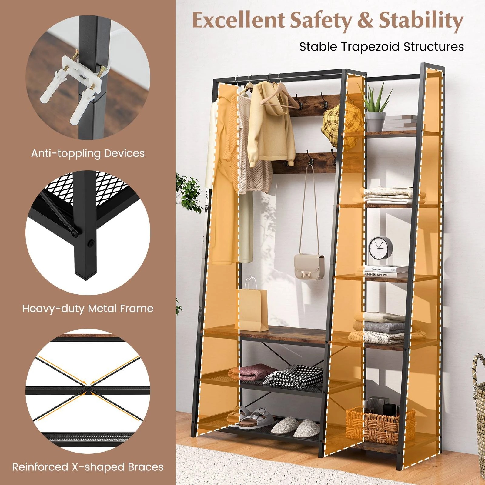 6 Costway Industrial Coat Rack Shoe Bench w/Open Storage Shelf Wardrobe Entryway Hallway Rack - Brown, 6 of 7