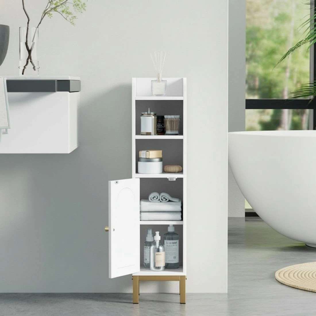 6 Artiss Bathroom Storage Cabinet Floor Organizer Toilet Corner Adjustable Shelf with Door - White, 6 of 8