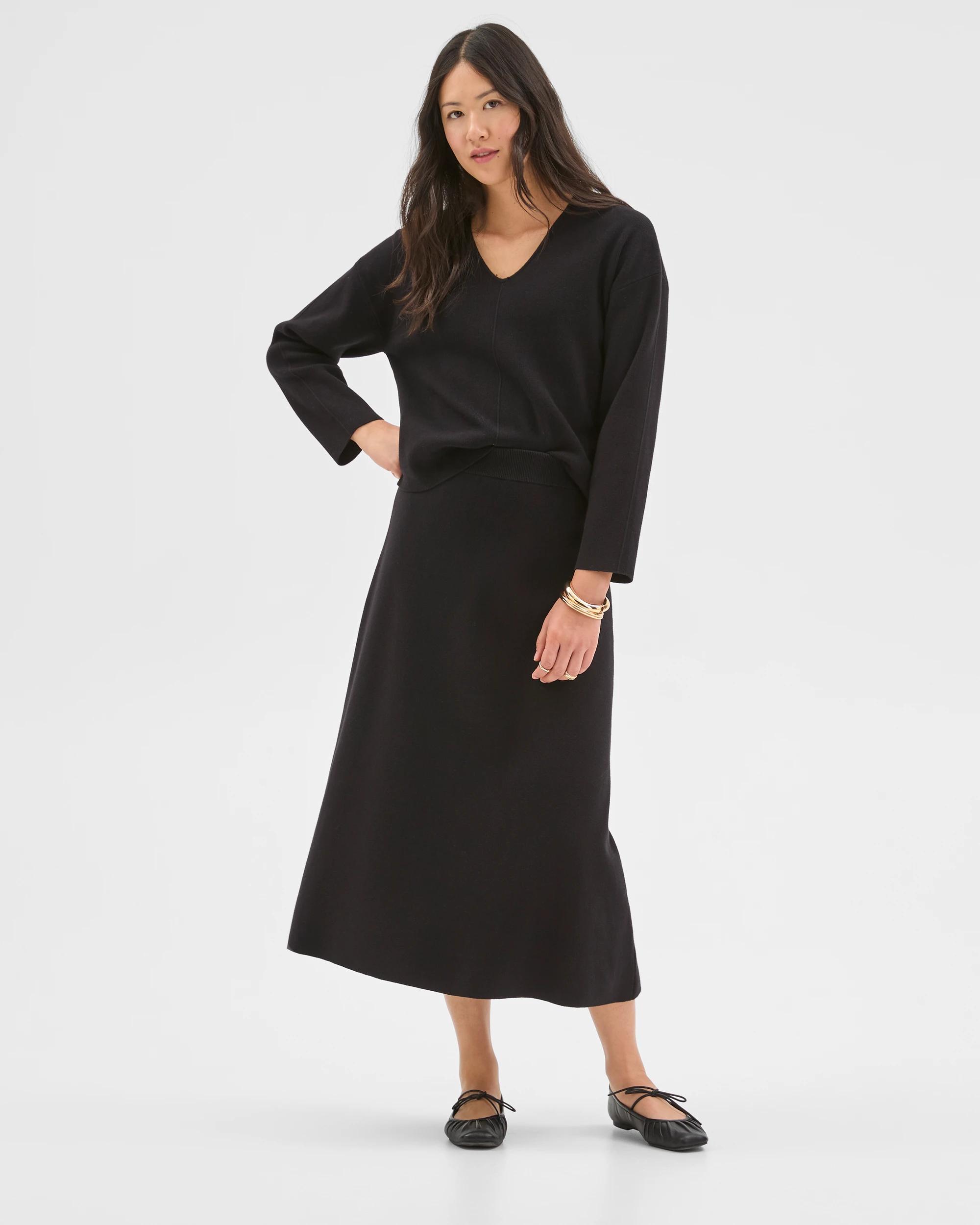 1 Preview Australian Cotton Blend A-Line Polished Midi Skirt BLACK, 1 of 5