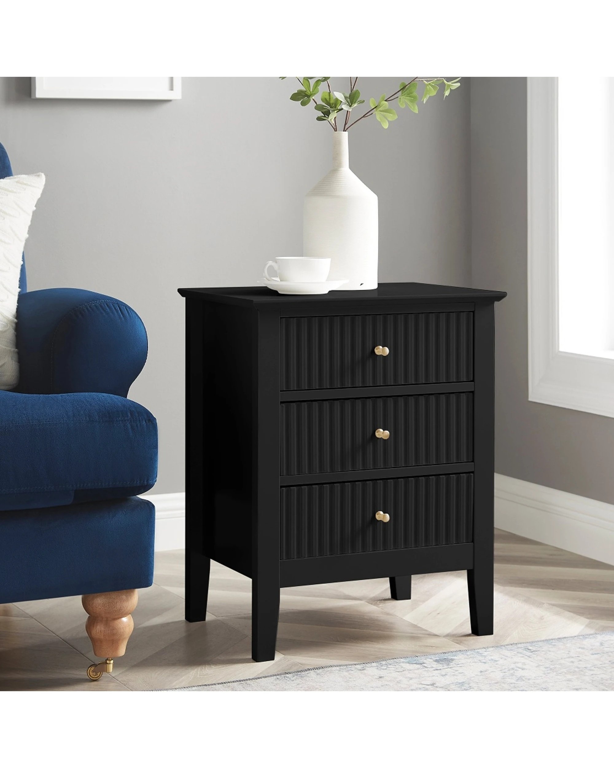 5 Alpine Bay Zara Fluted 3 Drawer Side Table With Shelf Storage Classic Style 48x35x61.5cm - Black, 5 of 6