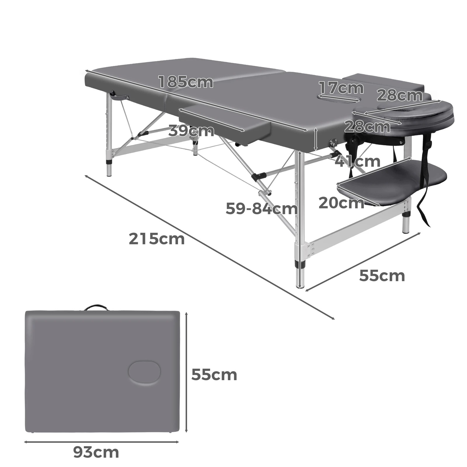4 Alfordson Massage Table 2 Fold 55cm Foldable Portable Bed Desk Aluminium Lift Up - Grey, 4 of 4