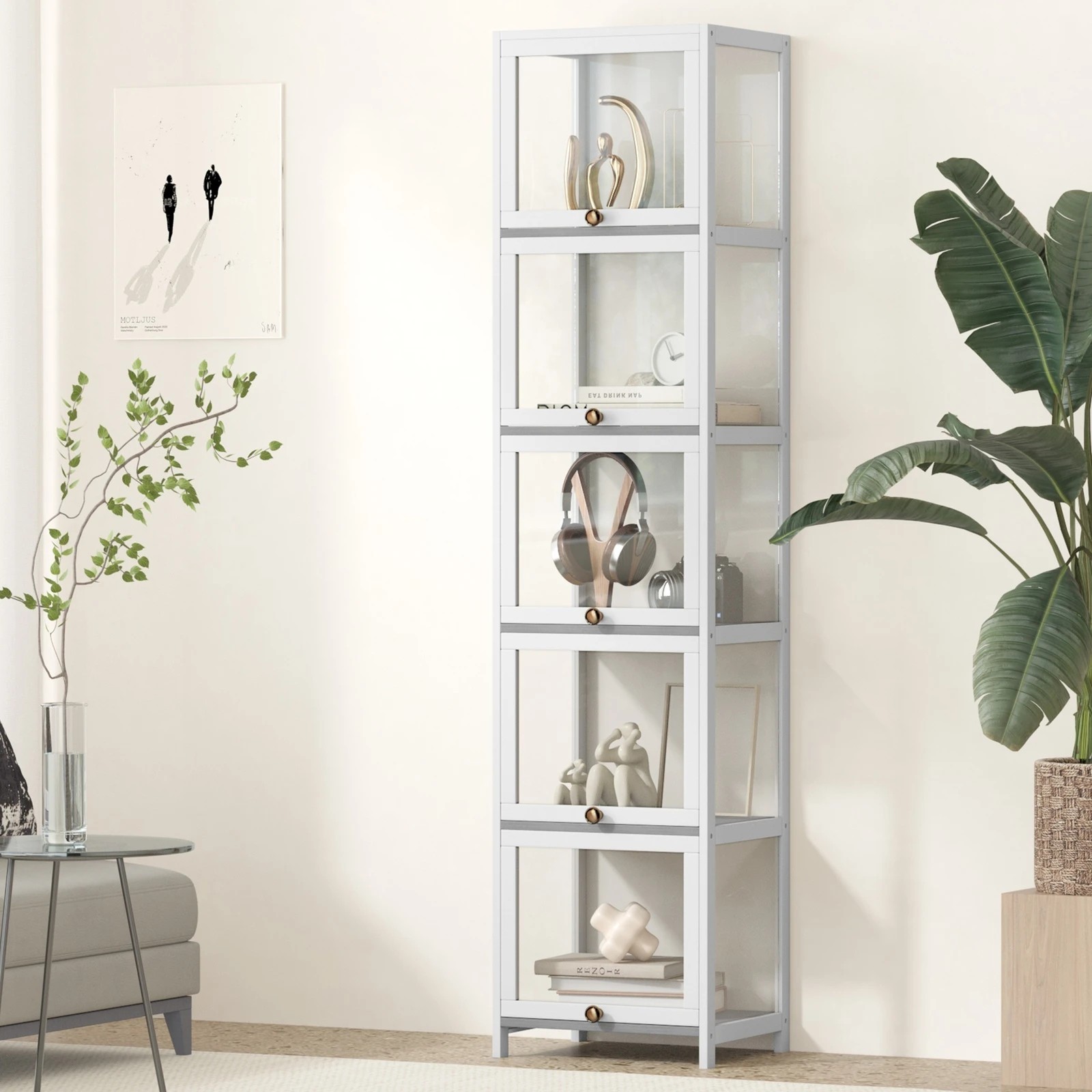 2 Oikiture Display Cabinet Slim Storage 5-tier Shelves Clear Bookcase Rack
 - White, 2 of 9