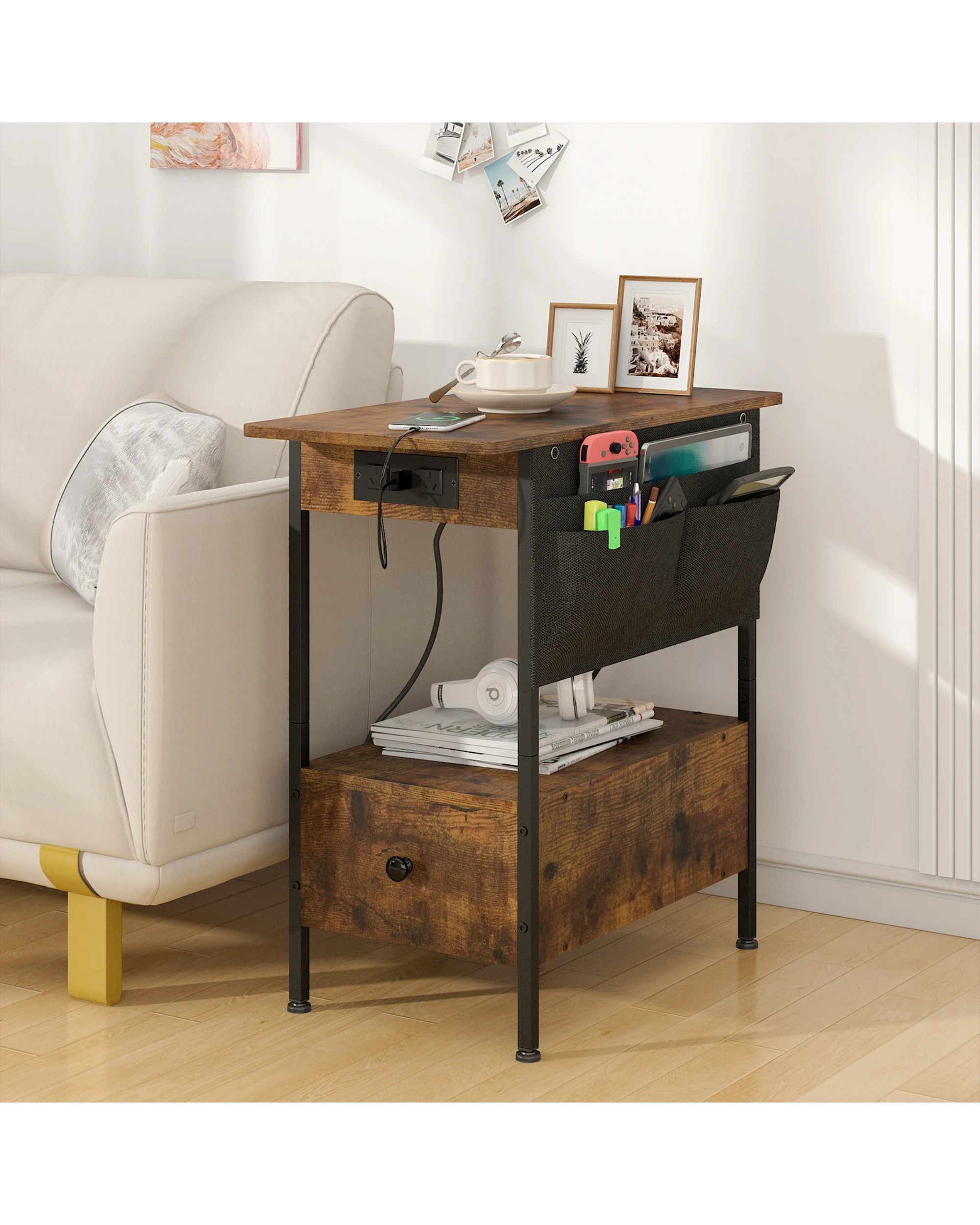 3 Advwin LED End Table Sofa Side Table with Charging Station and Drawers Narrow Bedside Table with Storage Pocket, 3 of 10