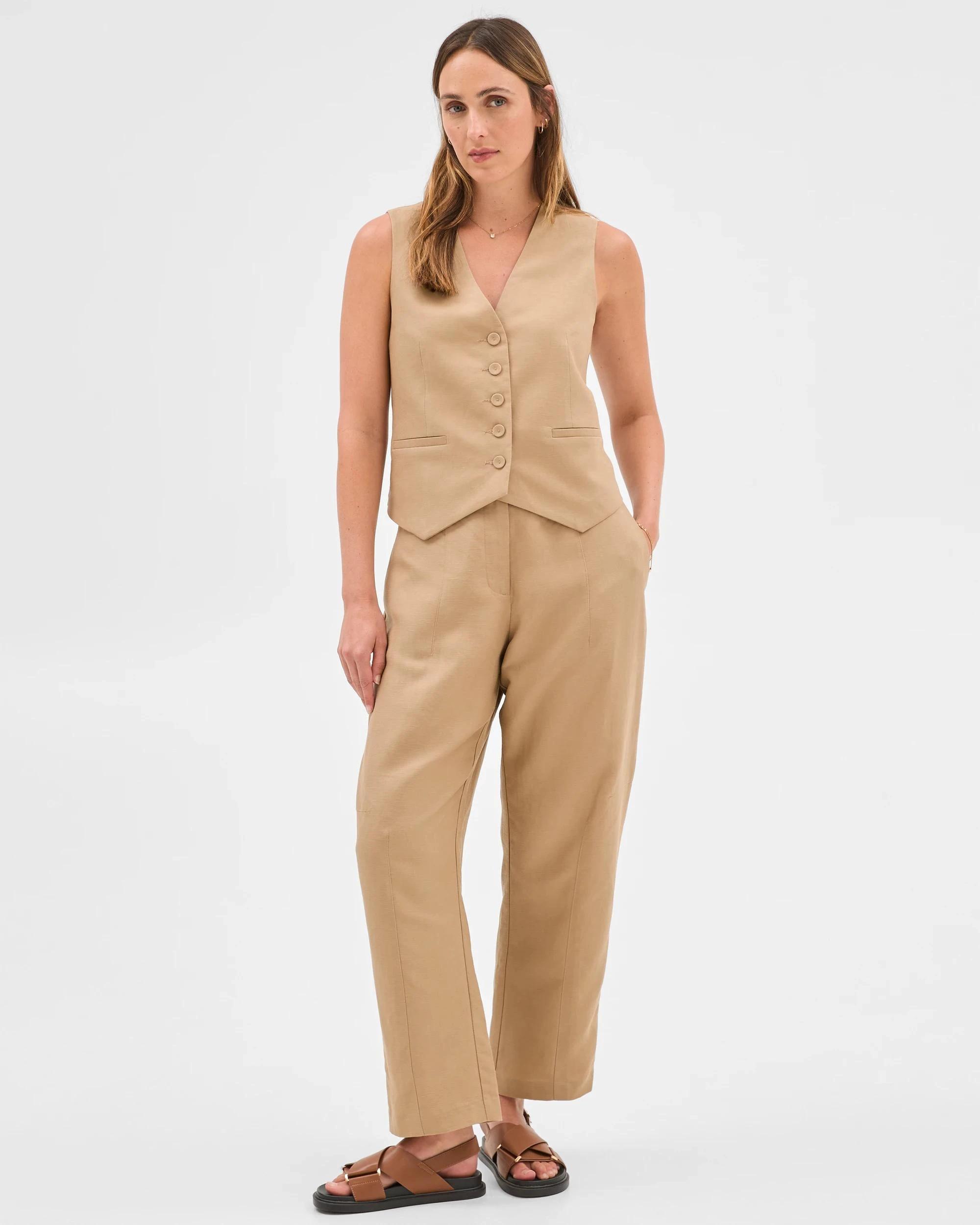 1 Preview Linen Blend Barrel Leg Pants FAWN, 1 of 6
