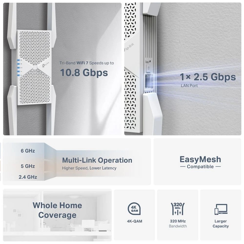 7 TP-Link BE11000 Tri-Band WiFi 7 Range Extender White, 7 of 10