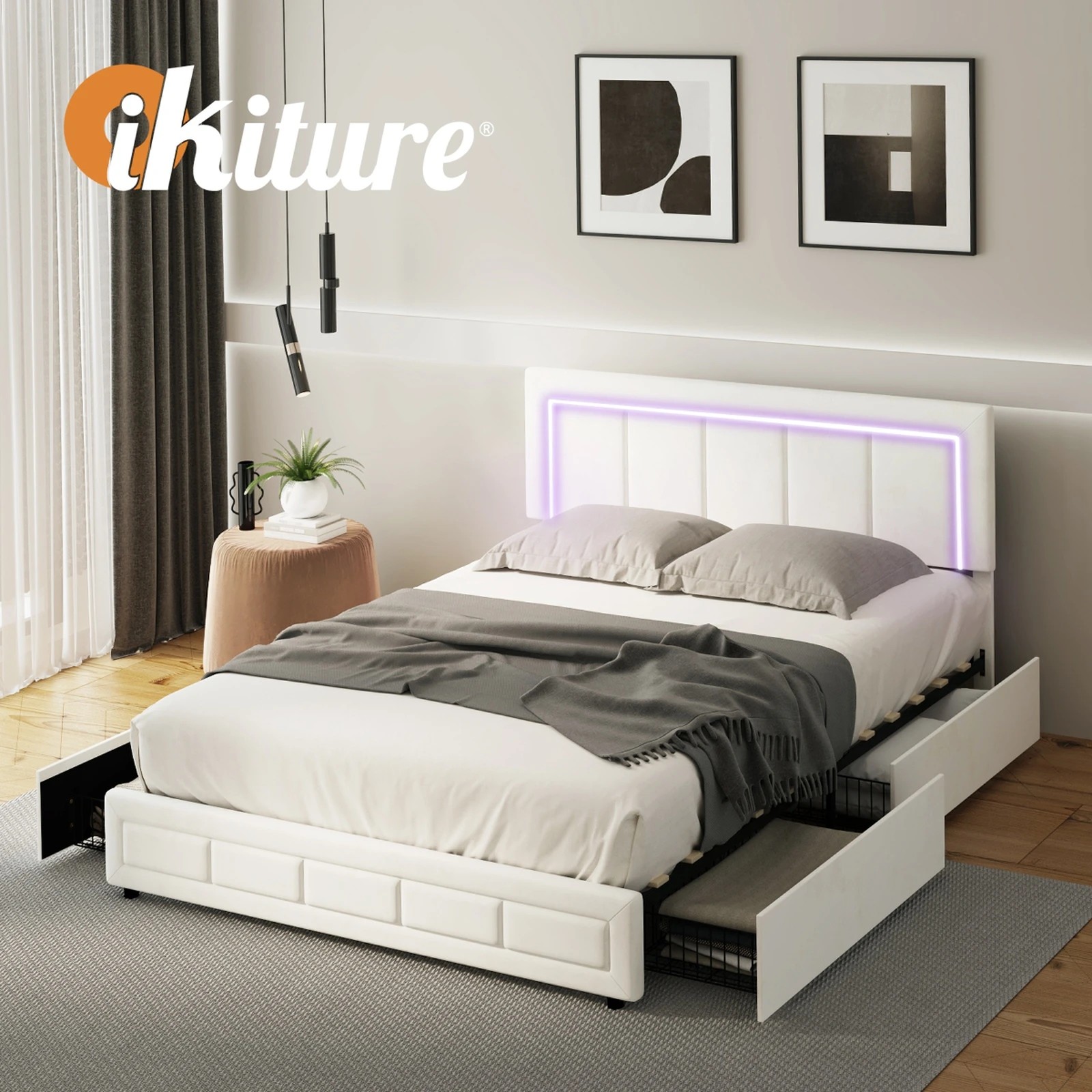 8 Oikiture LED Double Bed Frame With 4 Storage Drawers & Charging Station - Beige, 8 of 9