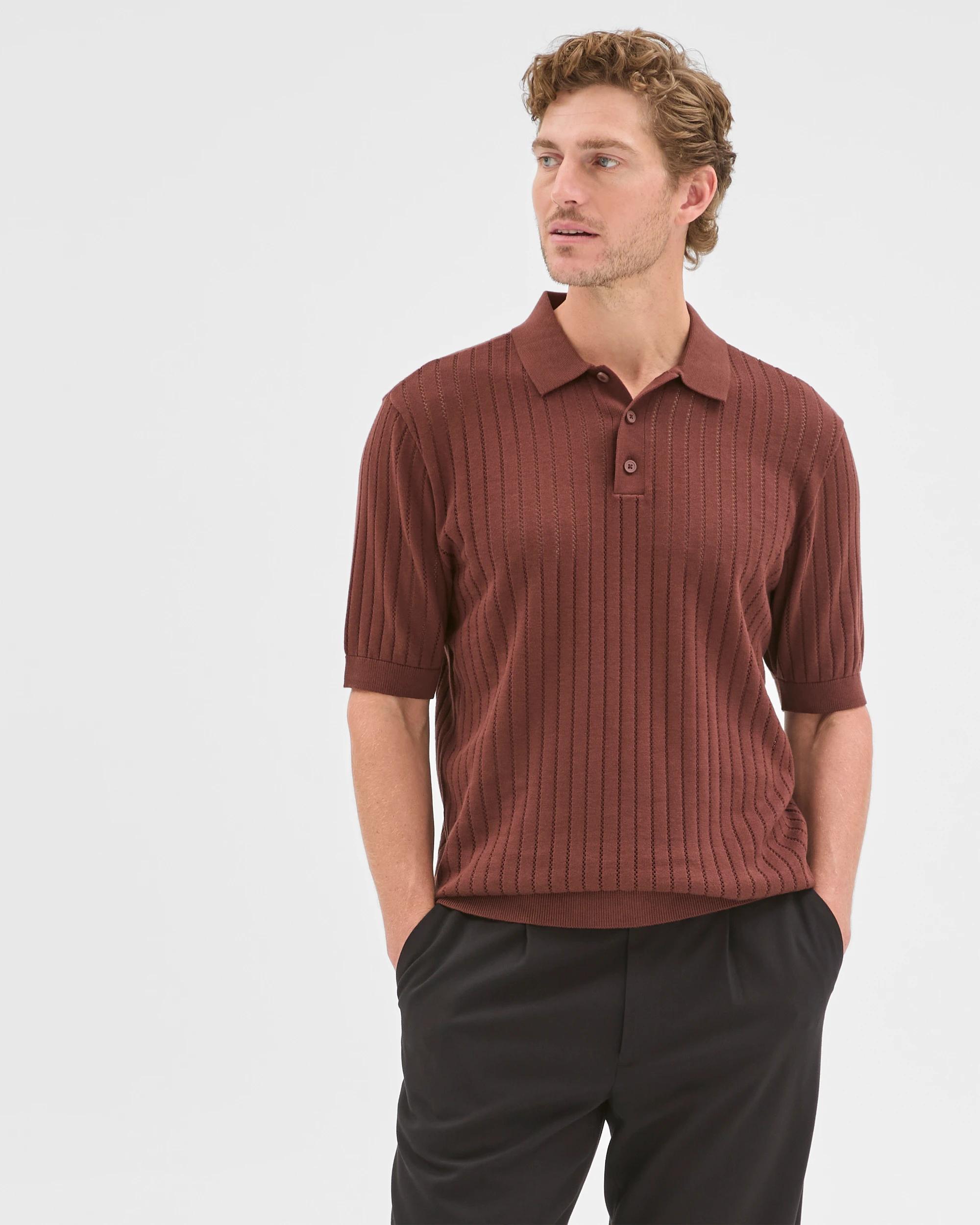 1 Preview Australian Cotton Pointelle Polo Top BROWN STONE, 1 of 6