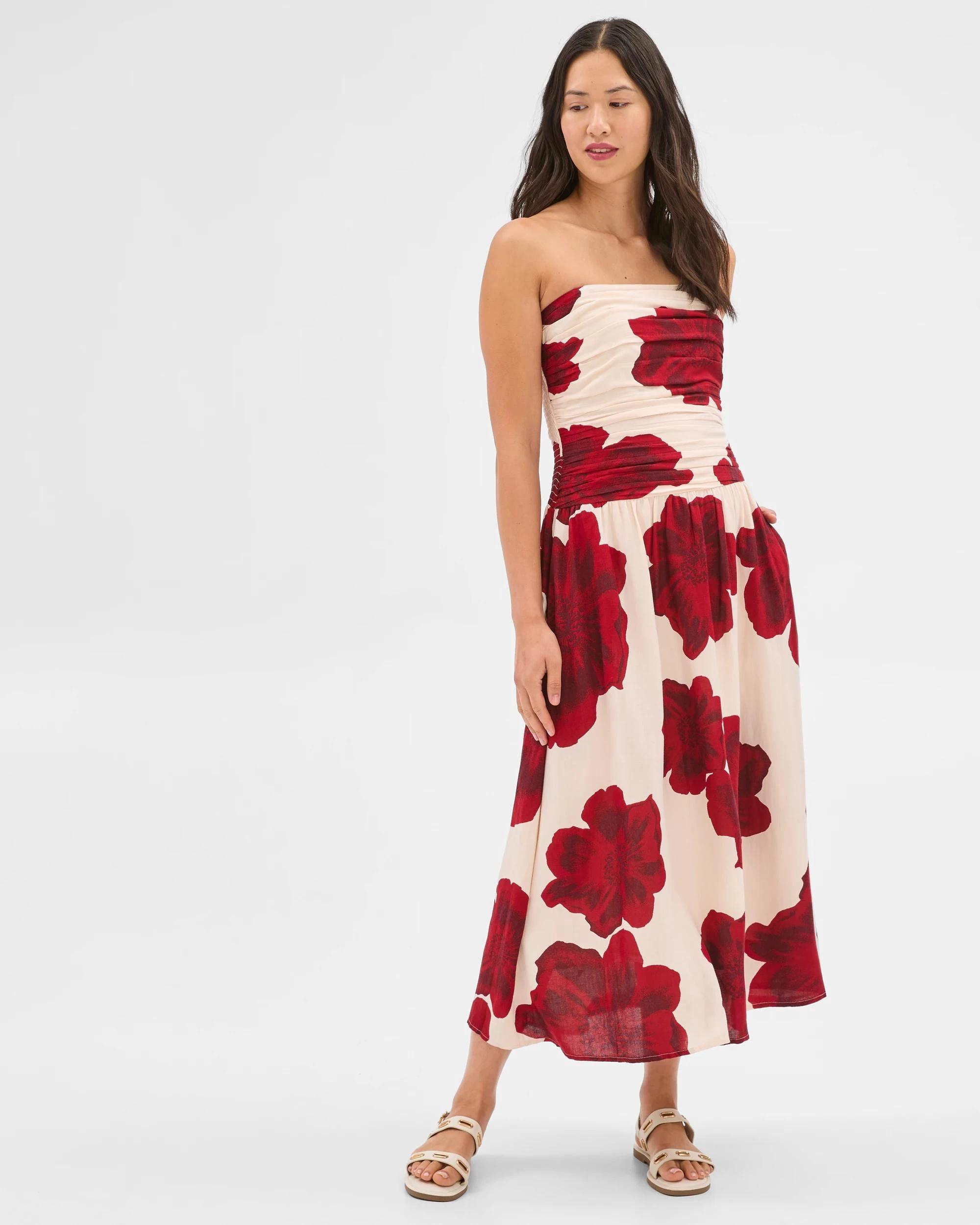 1 Gathered Sleeveless Midi Dress - Preview CRIMSON FLORAL, 1 of 6