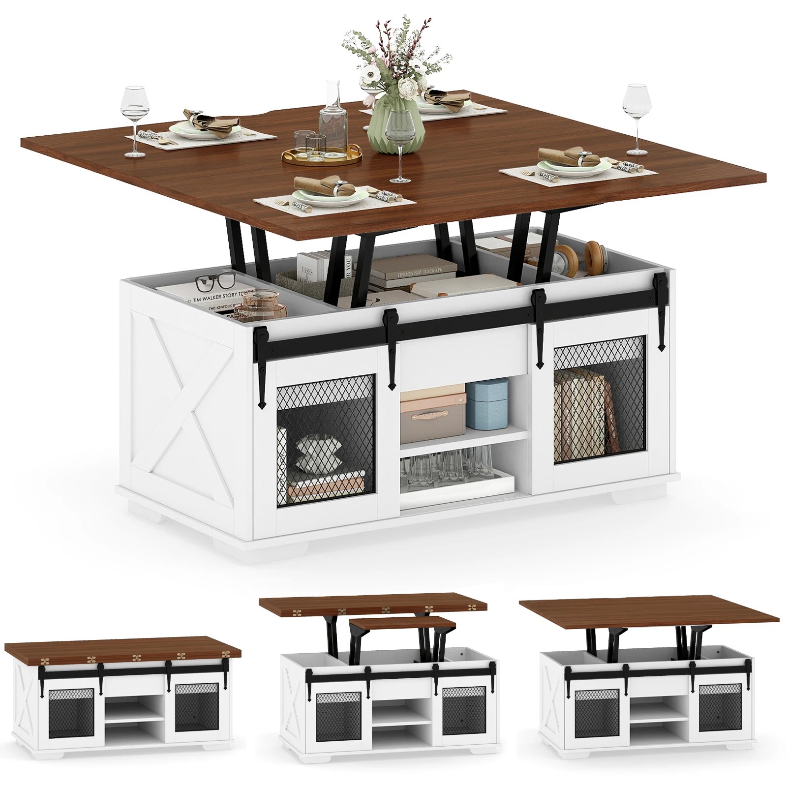 6 Costway Lift Top Coffee Table 3-in-1 Dining Table Farmhouse Center Table - Brown, 6 of 7