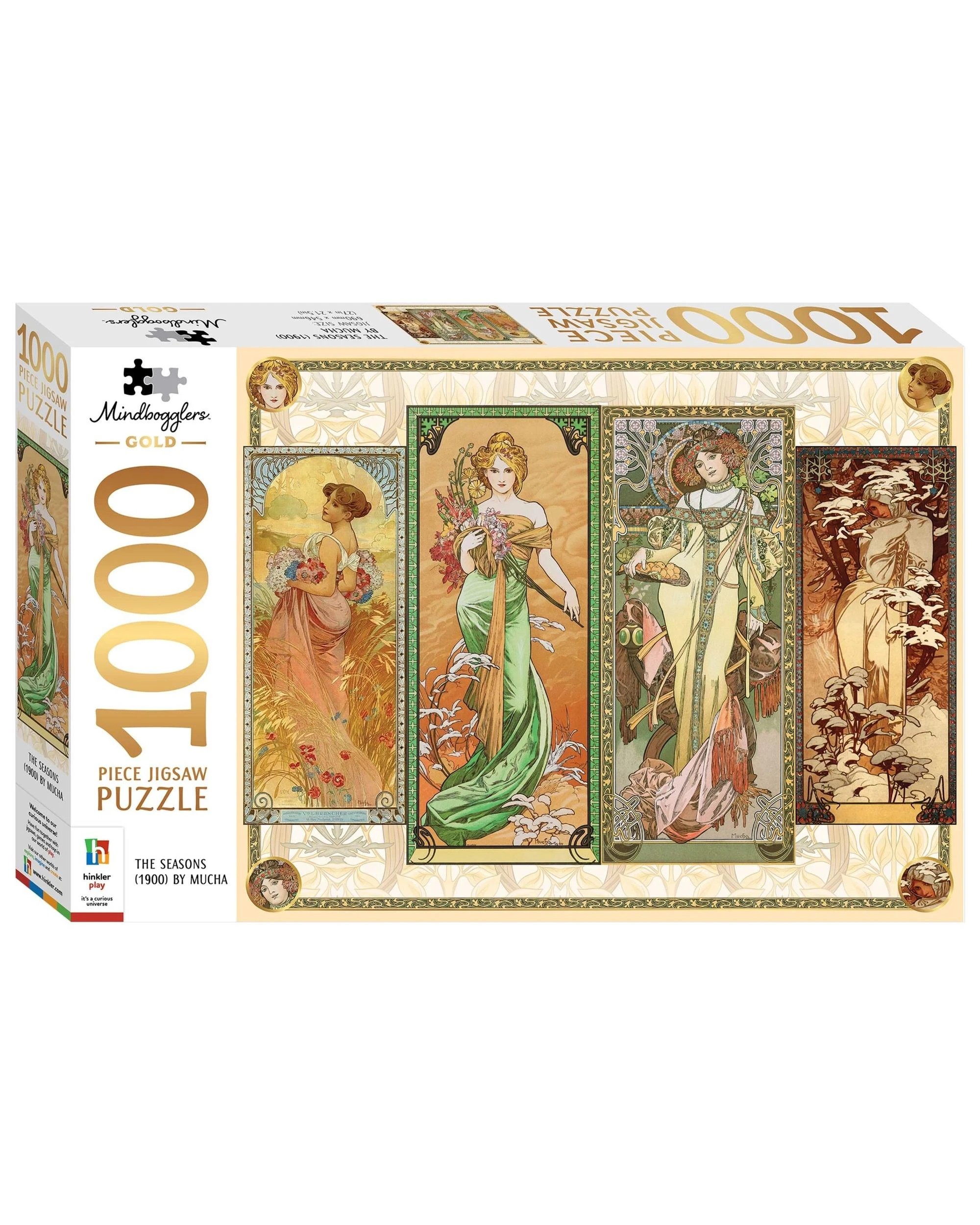 1 Hinkler Mindbogglers Gold The Seasons Alphonse Mucha 1000 Piece Puzzle, 1 of 3