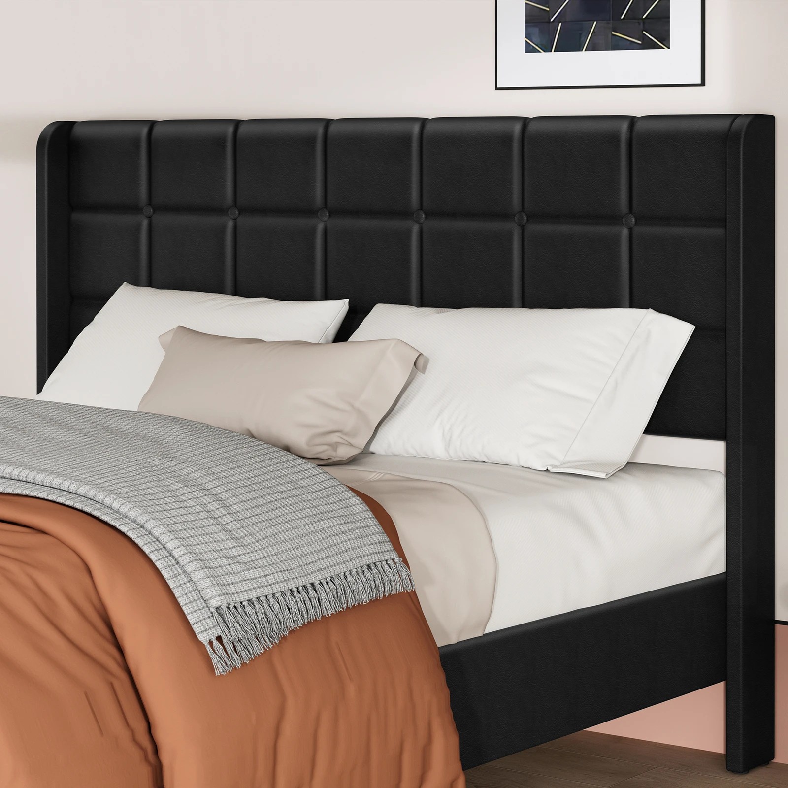 4 Alfordson Bed Frame Double Size Upholstered Wingback Base Leather Sarah - Black, 4 of 10